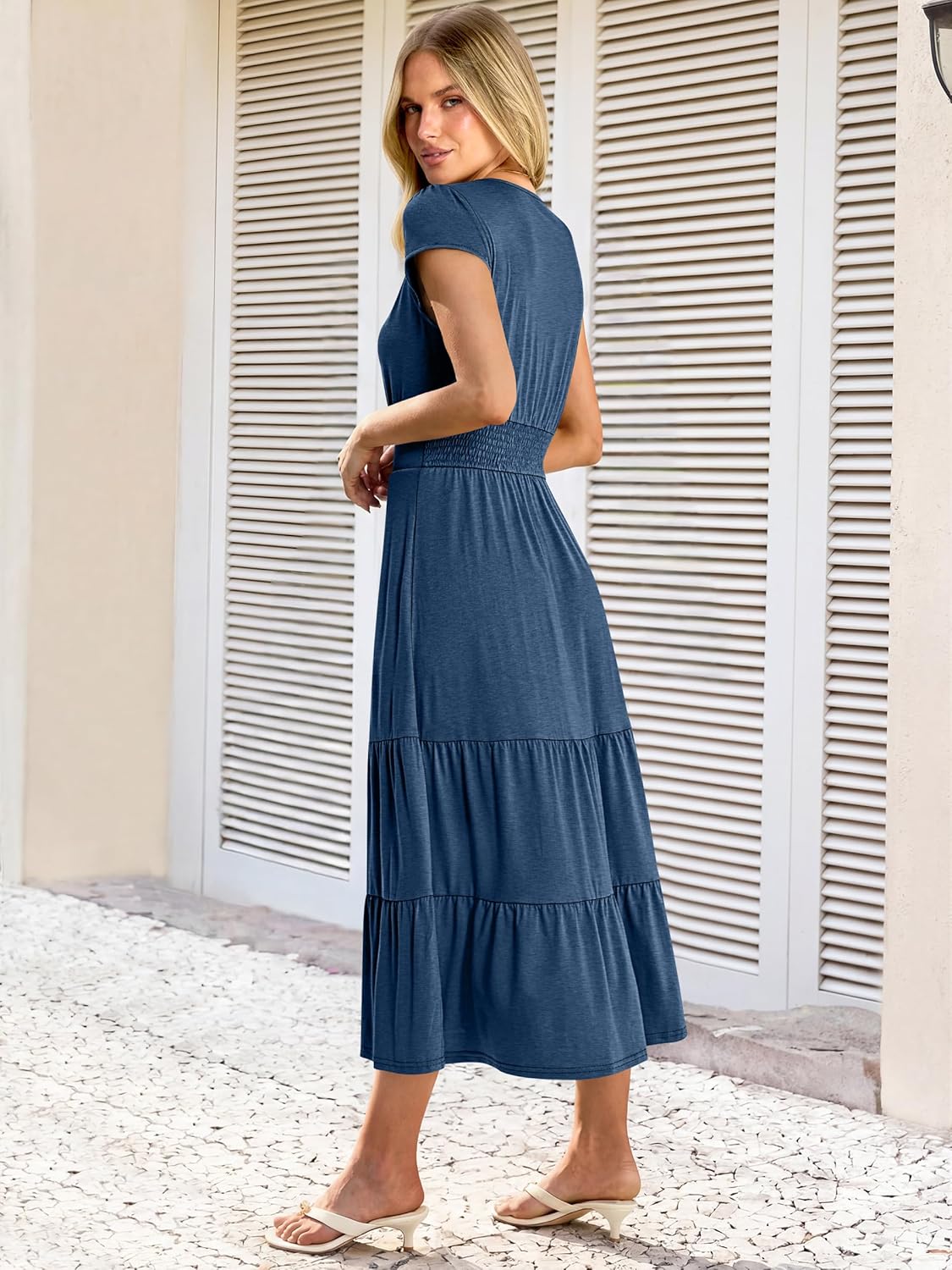 Prinbara Womens Summer Maxi Dresses Casual 2026 Cap Sleeve V Neck Empire Waist Flowy Tiered Smocked Boho Vacation Dress - Image 5