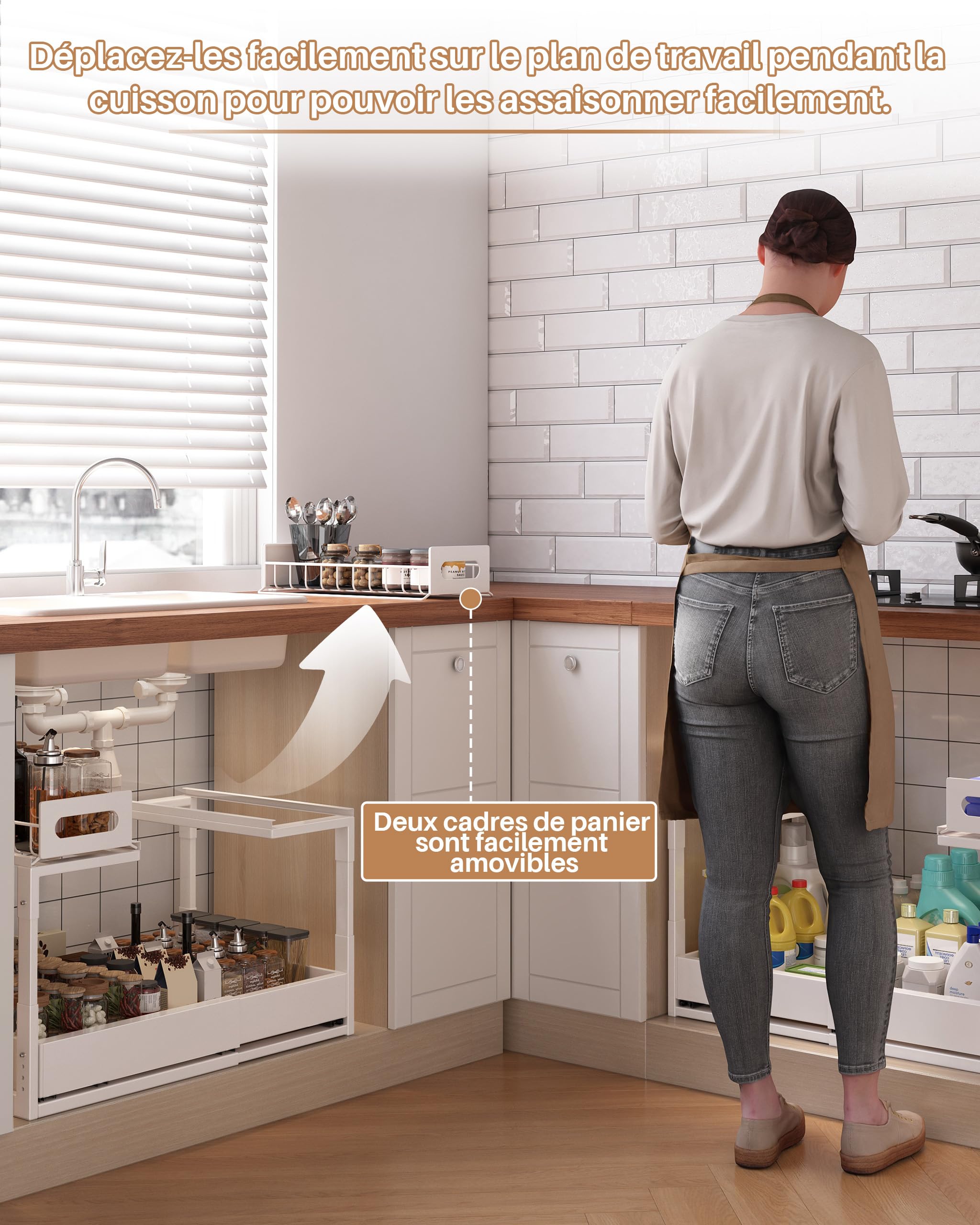 Rangement sous Évier en Métal, 2 Niveaux Tiroir Coulissant Cuisine pour Placard Meuble Cuisine Salle Bain, Réglable en Hauteur, Organiseur Extensible pour Évier, Largeur et Hauteur Réglables