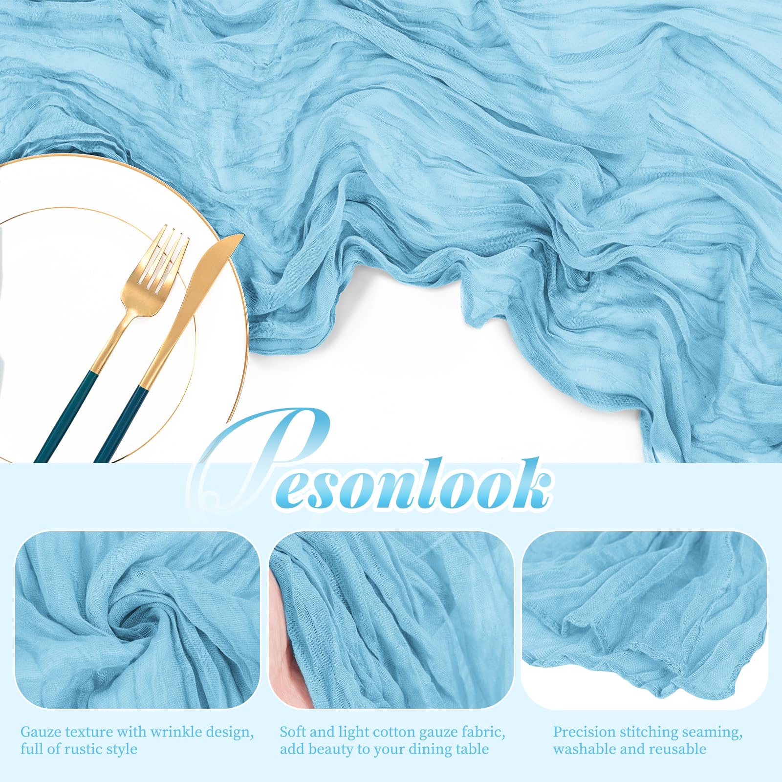Lot de 12 chemins de table en étamine, style rustique, bohème, semi-transparents pour mariage, anniversaire, fête prénuptiale, 3 m x 304,8 cm, bleu clair