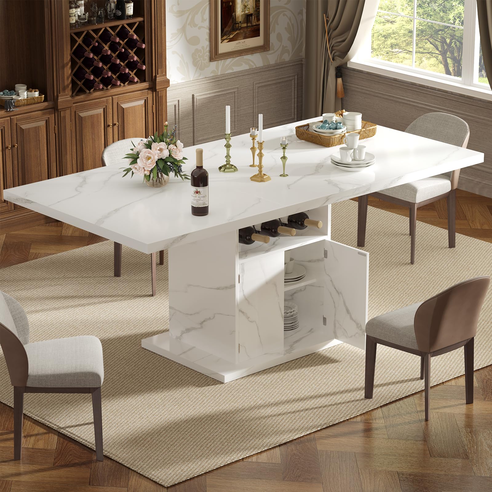 Mesa de Comedor Extensible, Mesa Rectangular,Blanca Efecto mármol, con Estante para vinos y Armario, 120 (160) x 80 x 76 cm, para 4-8 Personas
