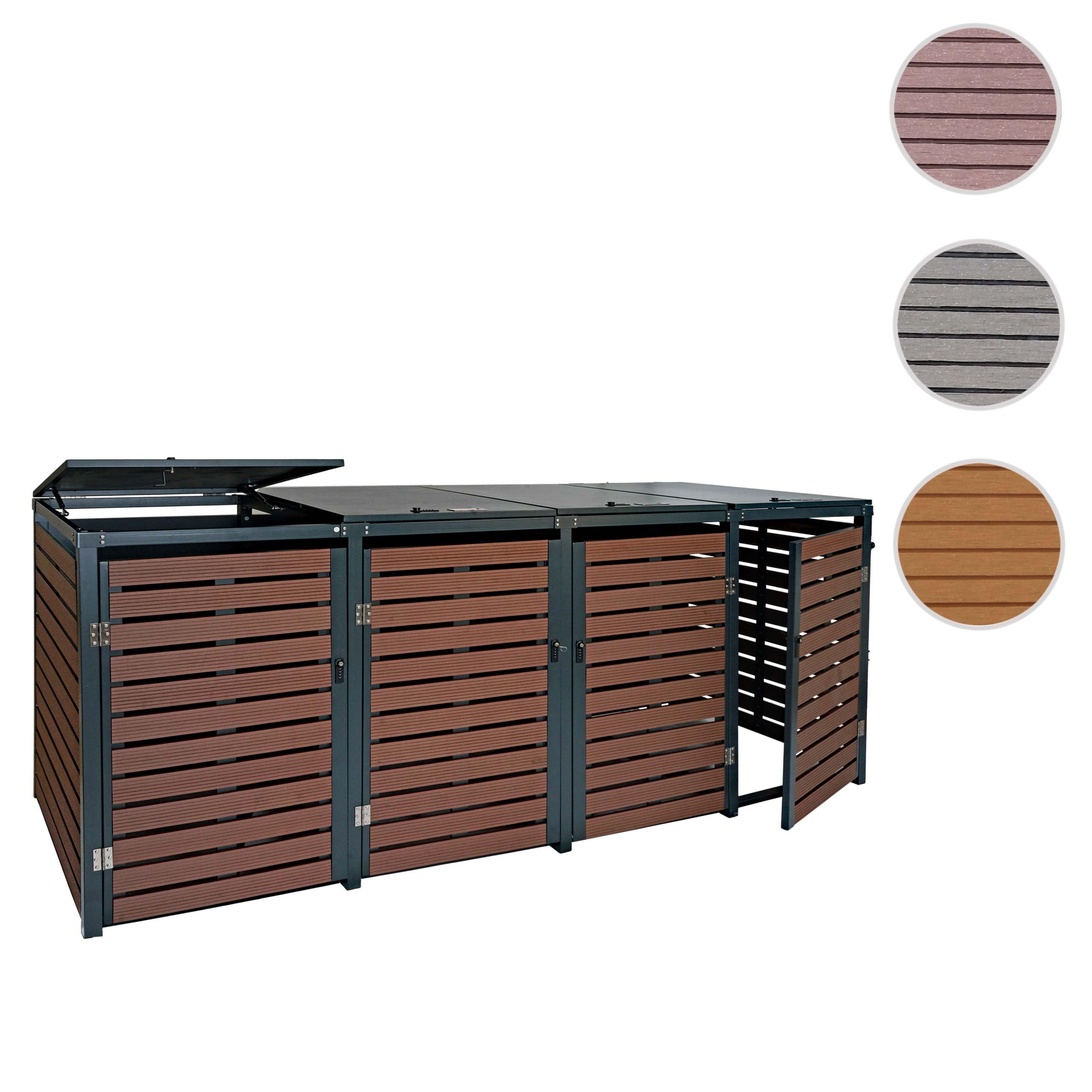 4x copribidoni box spazzatura rifiuti HWC-K14 84x264x119cm metallo WPC marrone