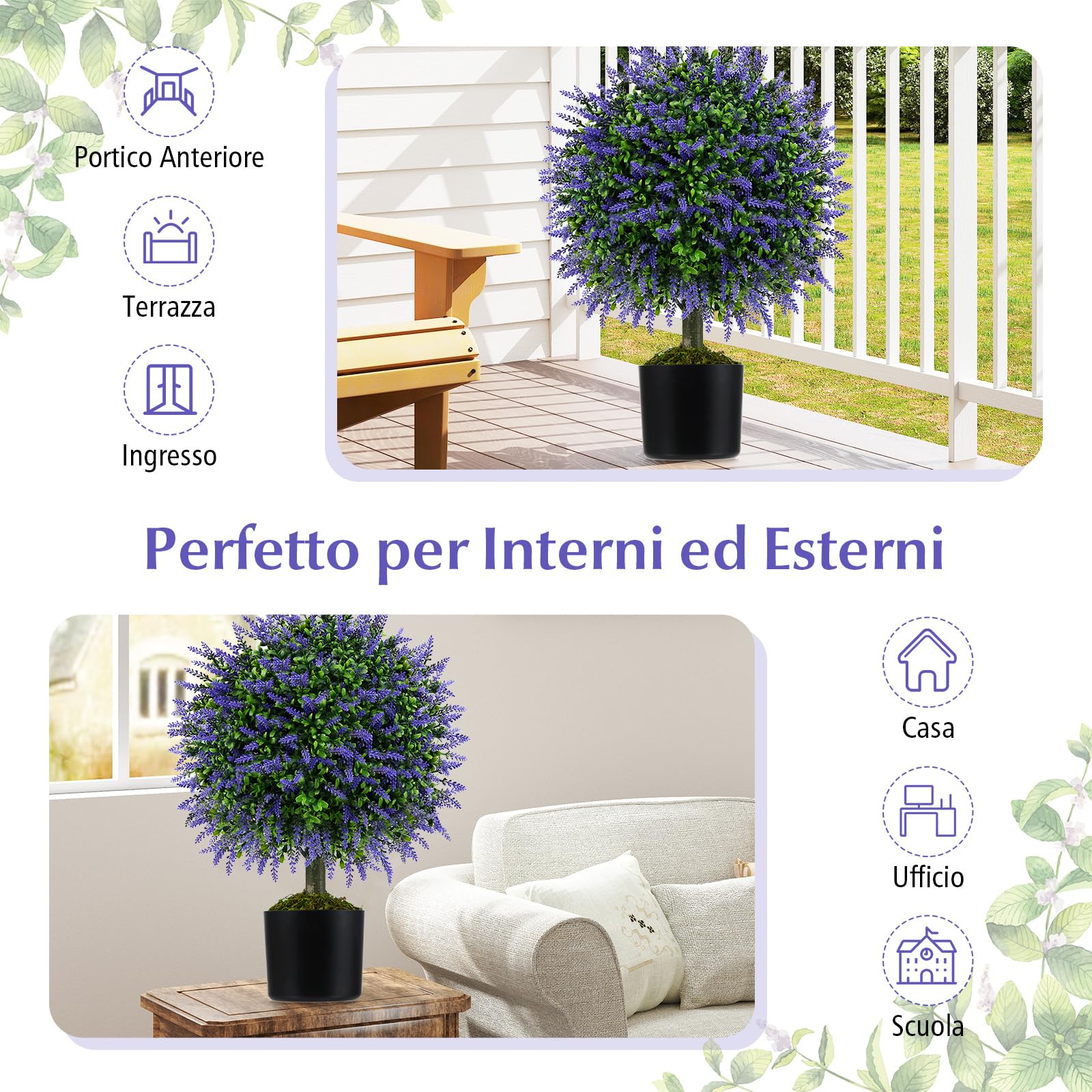 COSTWAY Set di 2 Alberi di Topiario Artificiale con Lavanda, Albero di Bosso Finto da 58 cm con Vaso Riempito di Cemento, Pianta Finta Resistente al Sole per Interni ed Esterni