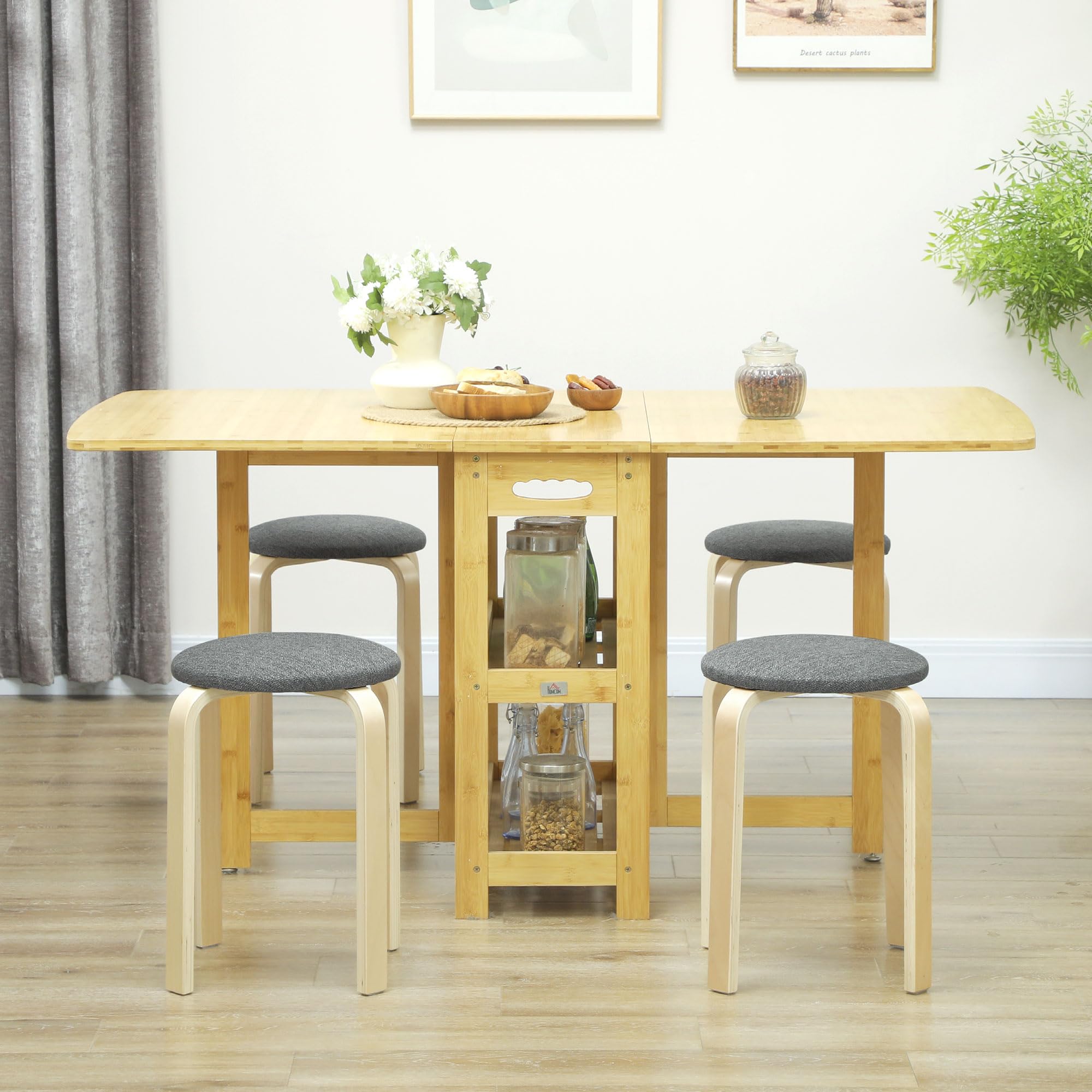 HOMCOM Juego de 4 Taburetes Apilables Redondos Taburetes Bajo de Cocina de Madera con Asiento Acolchado para Comedor Dormitorio Oficina Salón Gris y Natural