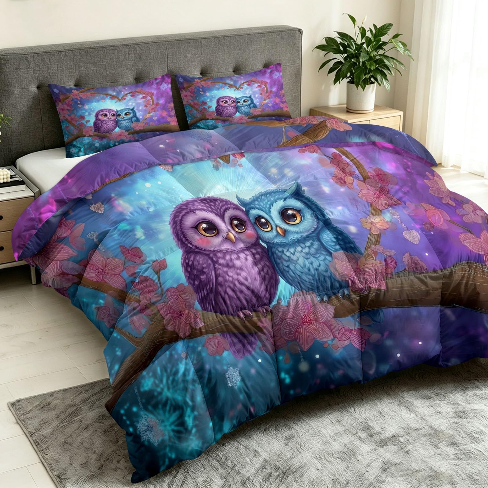 Generisch 200 x 200 cm 4 Jahreszeiten Bettdecke ohne Bezug, Fantasy Sternenlicht Steppdecke, Waschbar Atmungsaktiv Weiche - Tiere Eulen Pärchen Blumen Herzform Sommerdecke für Allergiker
