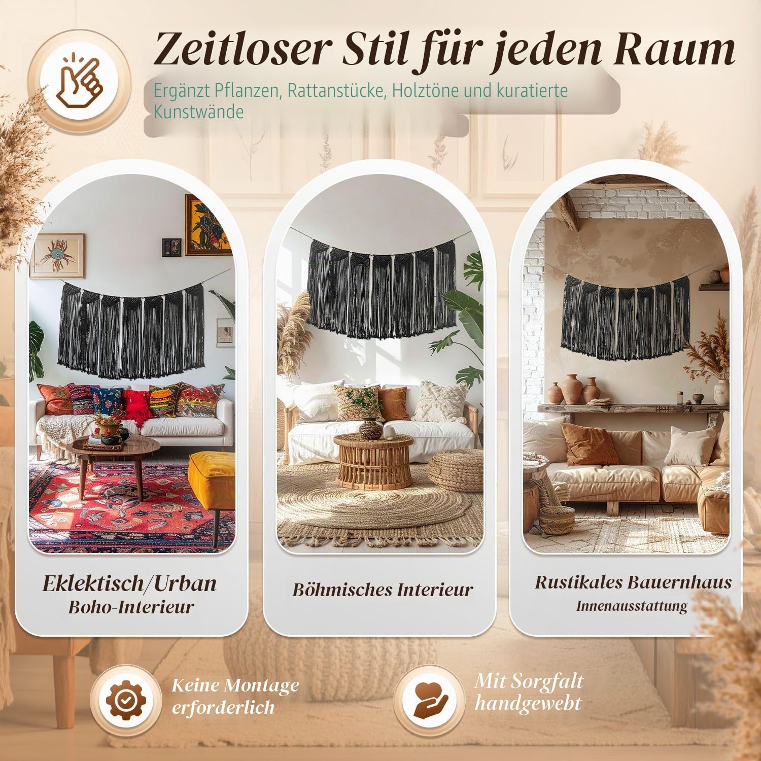 Flexzion Makramee Wandbehang 120 x 72 cm, Woven Wanddeko Boho Deko Wandteppich Vorhang Baumwolle Gewebte, Große Böhmische Tapisserie Wohndekorationen für Hochzeit Schlafzimmer Wohnzimmer - Schwarz|