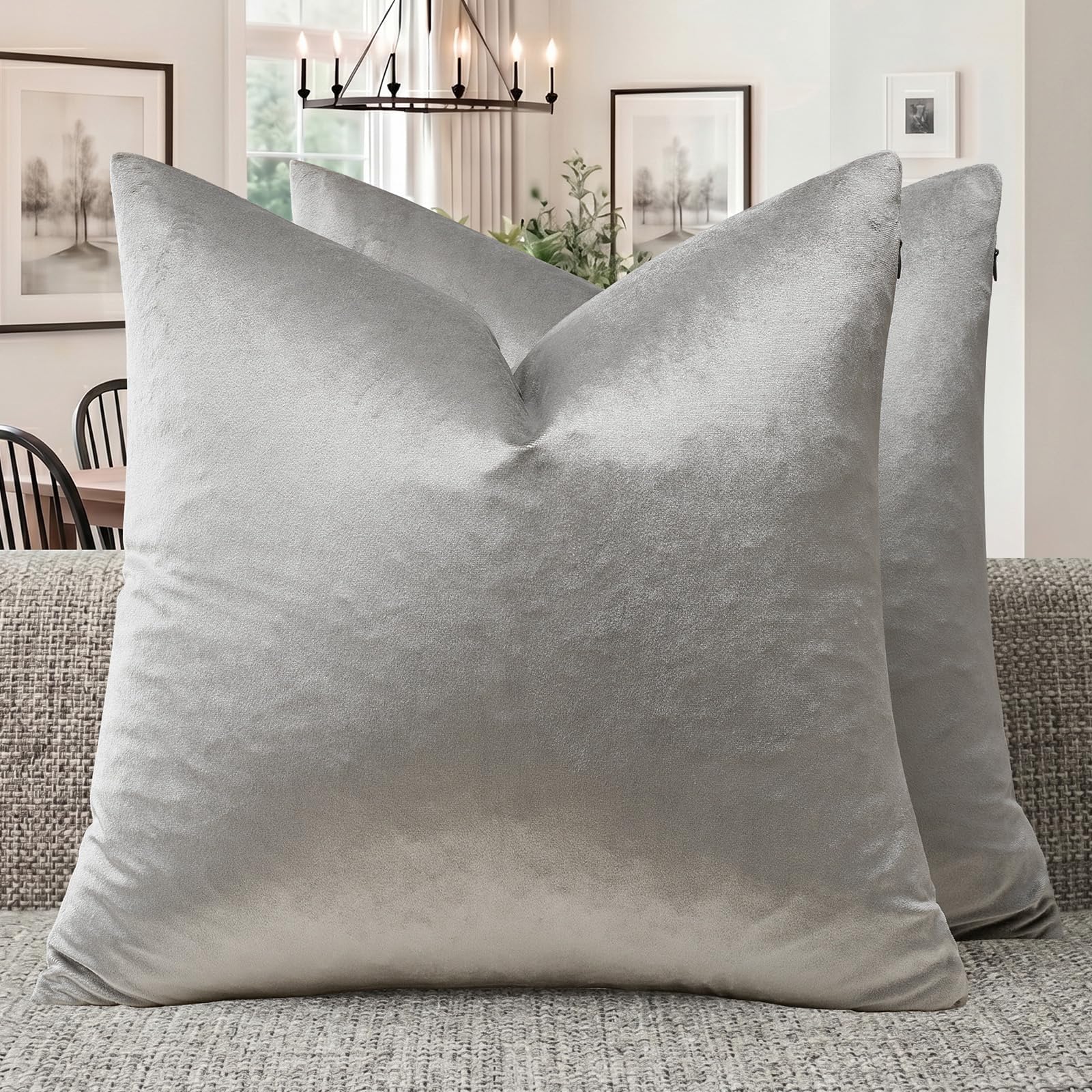 GIGIZAZA Silver Grey Velvet Pillow Covers 18x18 Pack of 2 Square Throw Pillow Covers Modern Decorative Pillows for Living Room Couch Luxury Small Pillow Cases