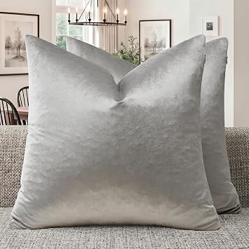 GIGIZAZA Silver Grey Velvet Throw Pillow Covers 18x18 Pack of 2 | Decorative Pillows for Couch Sofa,280gsm Soft Textured Fabric,Modern Square Pillowcases,Luxury Cushion Covers