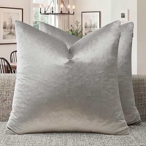 GIGIZAZA Silver Grey Velvet Throw Pillow Covers 18x18 Pack of 2 | Decorative Pillows for Couch Sofa,280gsm Soft Textured Fabric,Modern Square Pillowcases,Luxury Cushion Covers