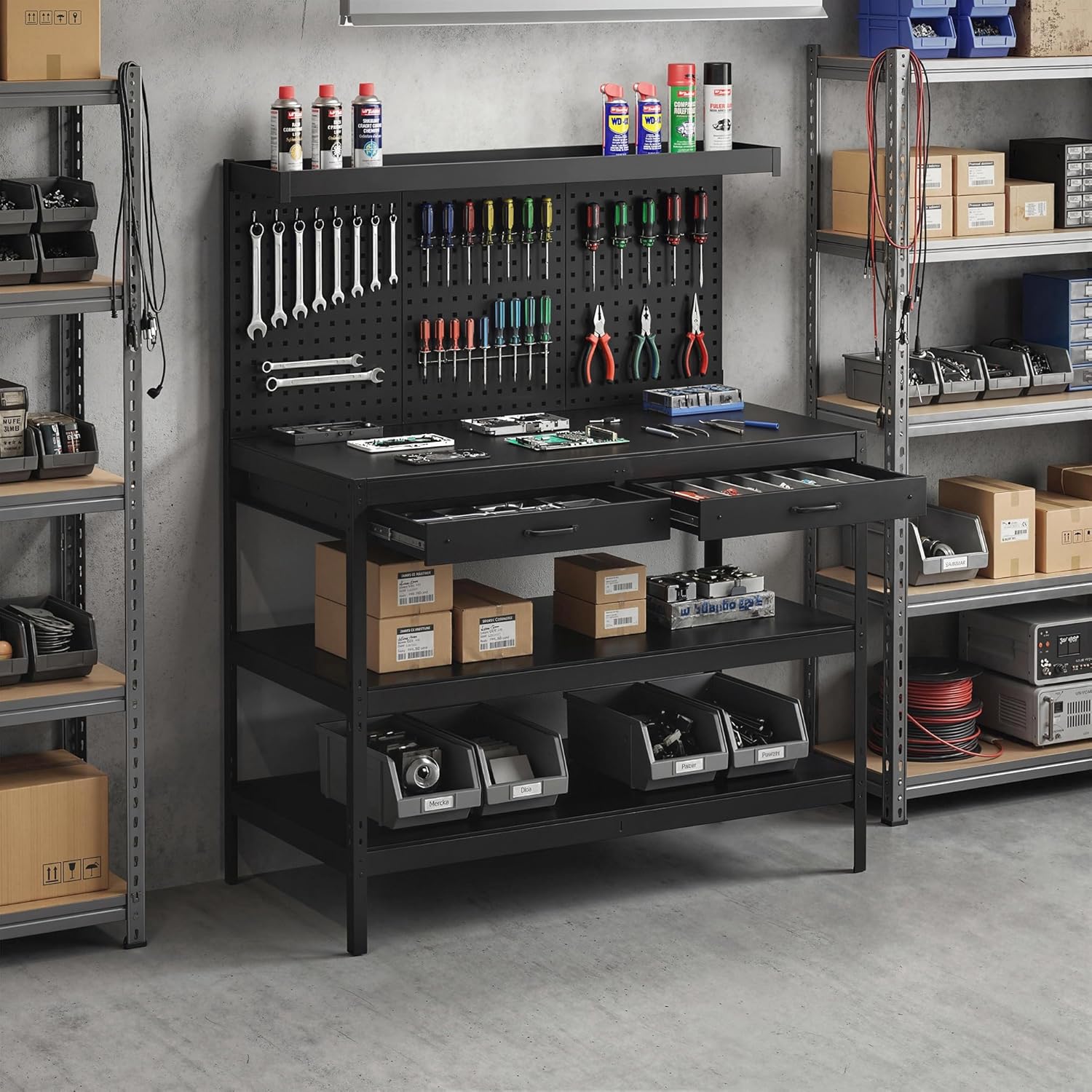 HOMCOM Workbench, Maximum Load 272 kg, 122 x 61 x 156 cm, Worktop with Perforated Board, 2 Drawers and 2 Adjustable Shelves, Steel Frame, for Garage, Workshop or Warehouse, Black