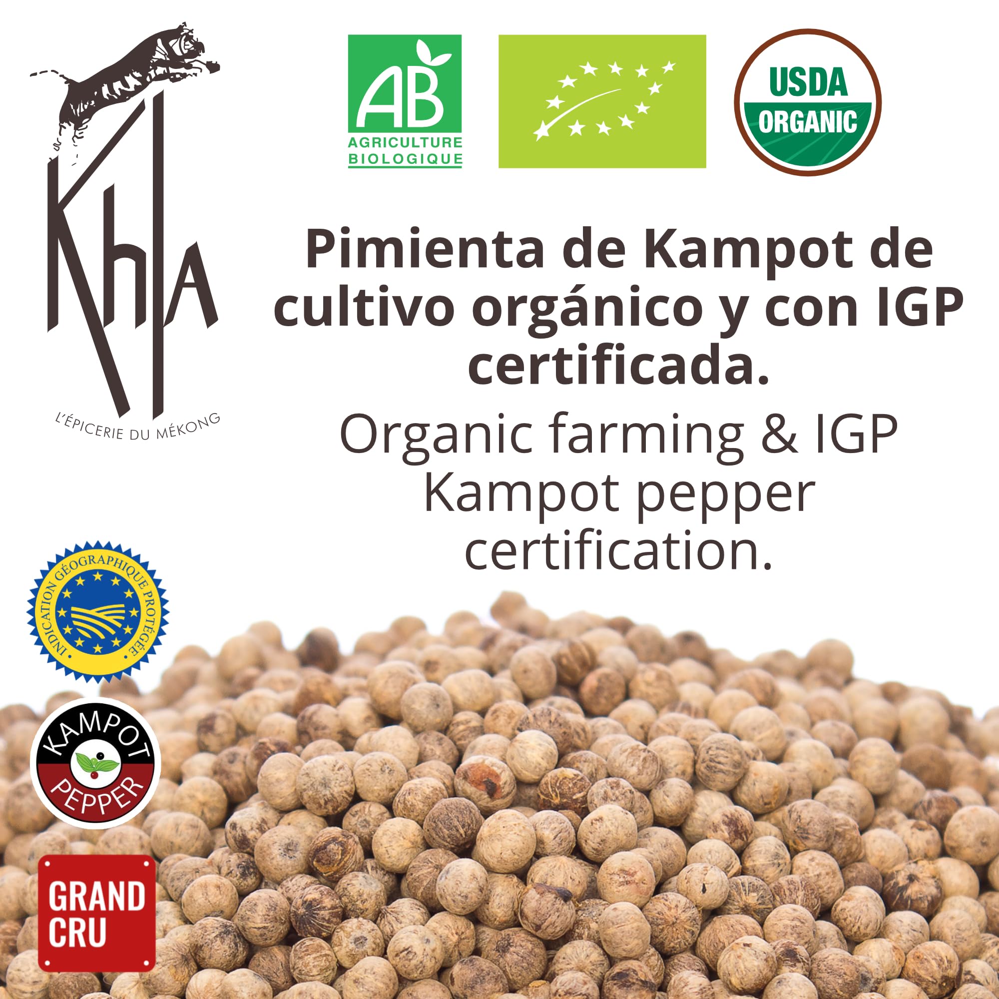 Khla - Pimienta Blanca de Kampot Orgánica 200g - Pimienta en Grano - Fuerte y Potente - Ingrediente de Cocina - Directo del Productor - Especia Asiática - Origen Camboya