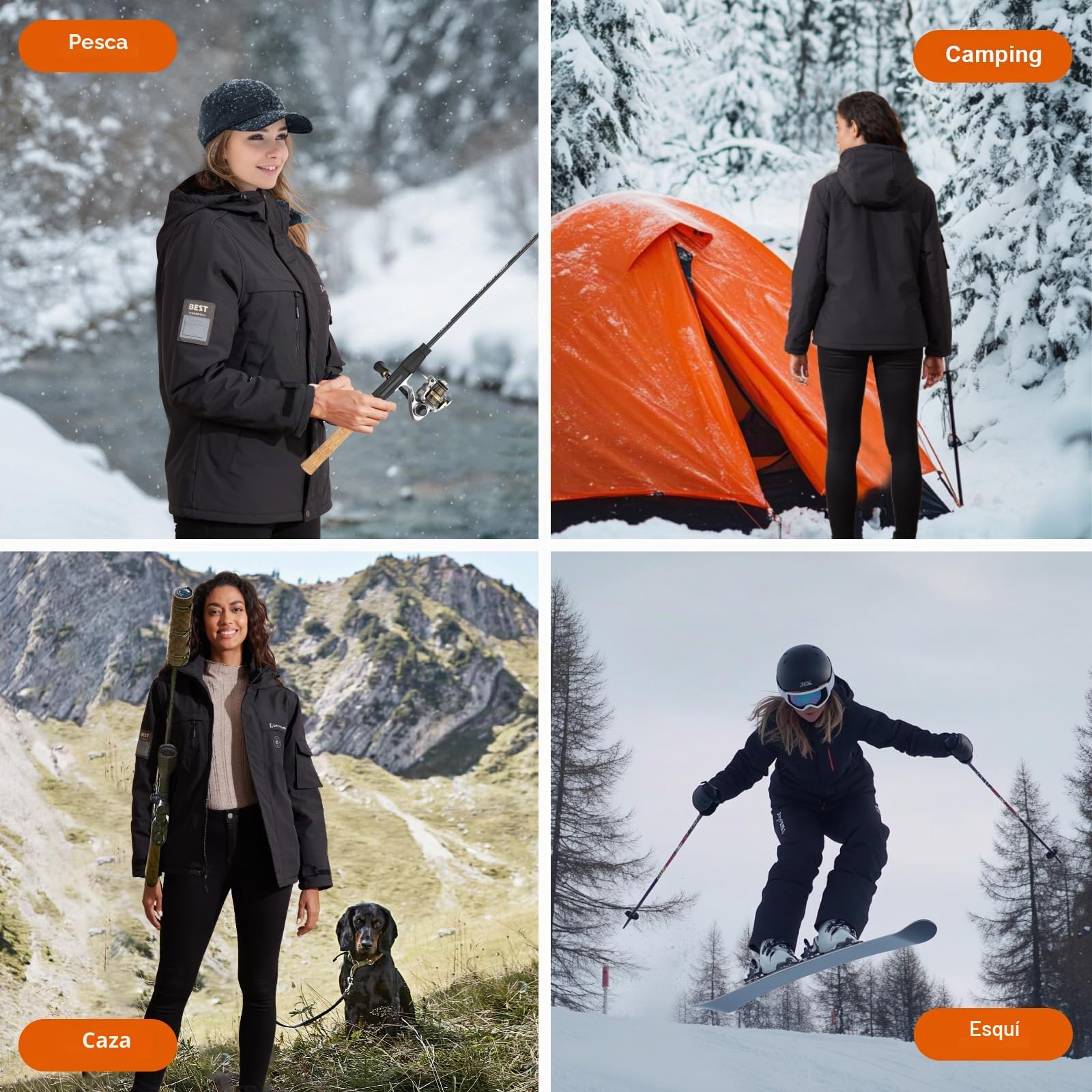 Chaqueta Calefactable de Esquí Mujer con Capucha, Impermeable y Cortaviento, Forro Polar, Batería 20000mAh, 6 Zonas de Calefacción, 3 Niveles de Temperatura para Esquí y Senderismo