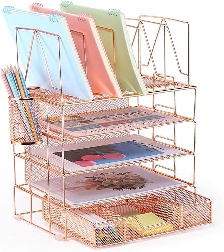 Housmile Organizador de escritorio, organizadores de escritorio de 5 niveles y accesorios con clasificadores de archivos, bandeja de papel, cajón y