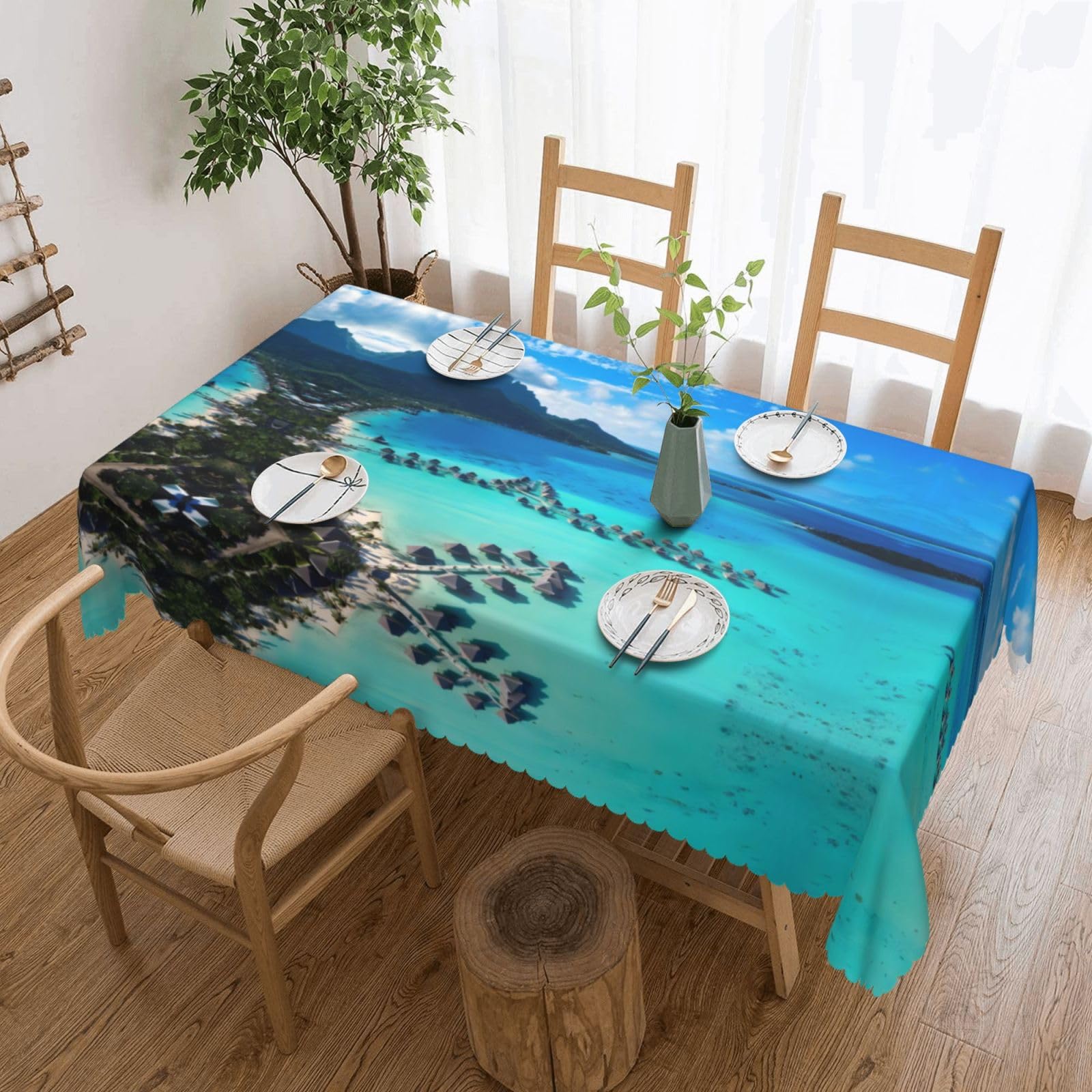 HLSBSSL Beauty Beach Patterned square lace tablecloth, wrinkle-resistant and durable, suitable for dining tables, parties, etc.