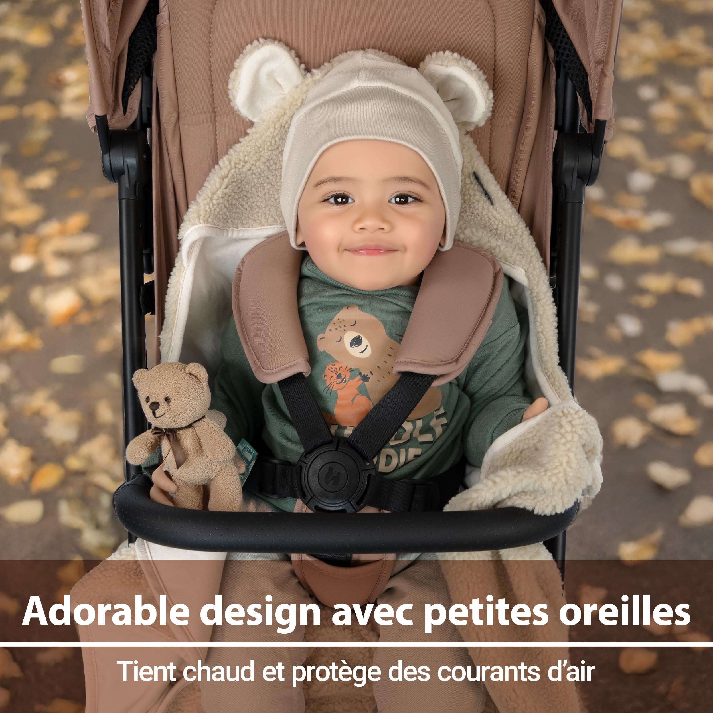 Zamboo Couverture Siege Auto Bebe en Polaire Peluche 80x80 cm – Plaid Bébé Enveloppant avec Fentes Harnais, Oeko-Tex – pour Siège-Auto, Cosy, Nacelle et Poussette – Teddy Beige