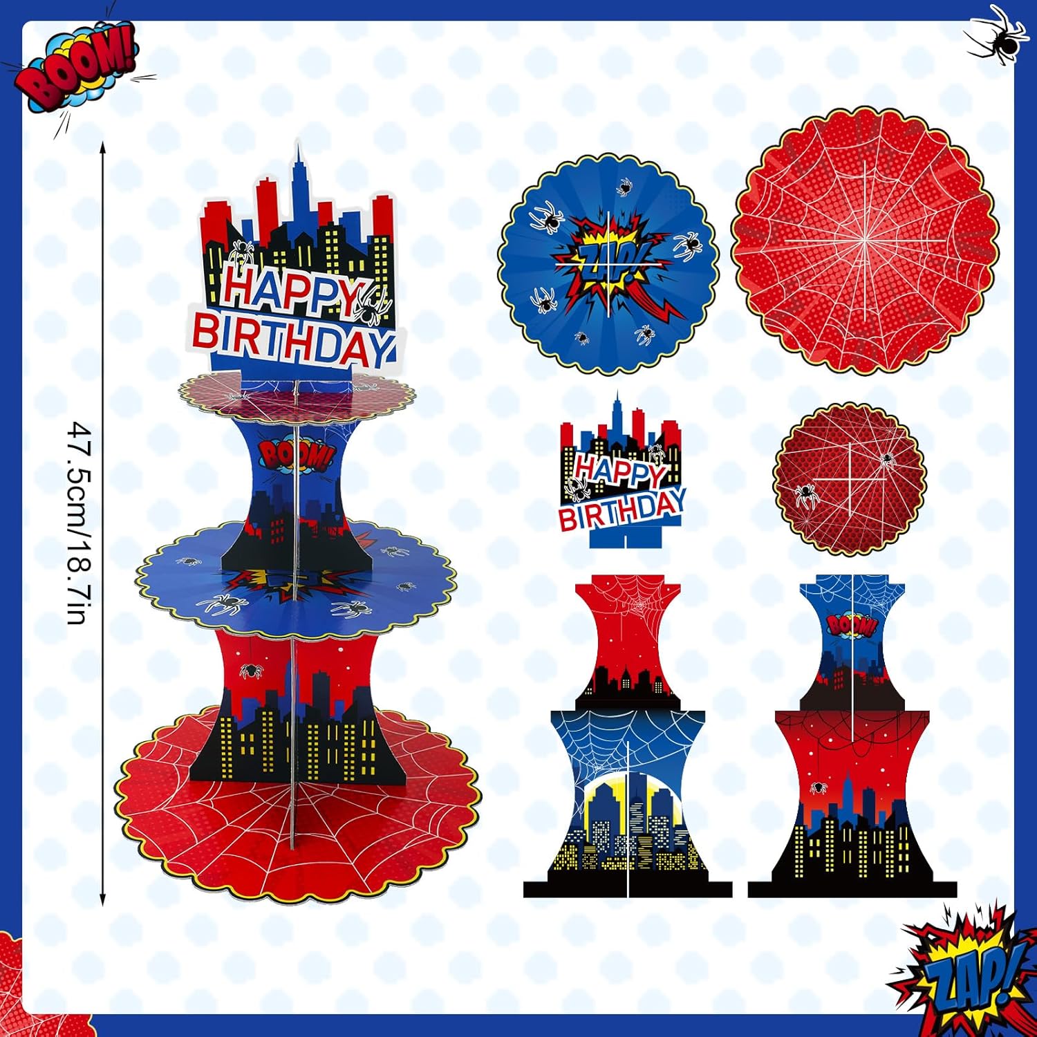 3-Tier Spider Cardboard Cupcake Stand, Blue Red Cartoon Party Dessert Holder Cartoon Afternoon Tea Bday Party Supplies Cupcakes Dessert Display Tower Rack for Birthday Parties Baby Shower