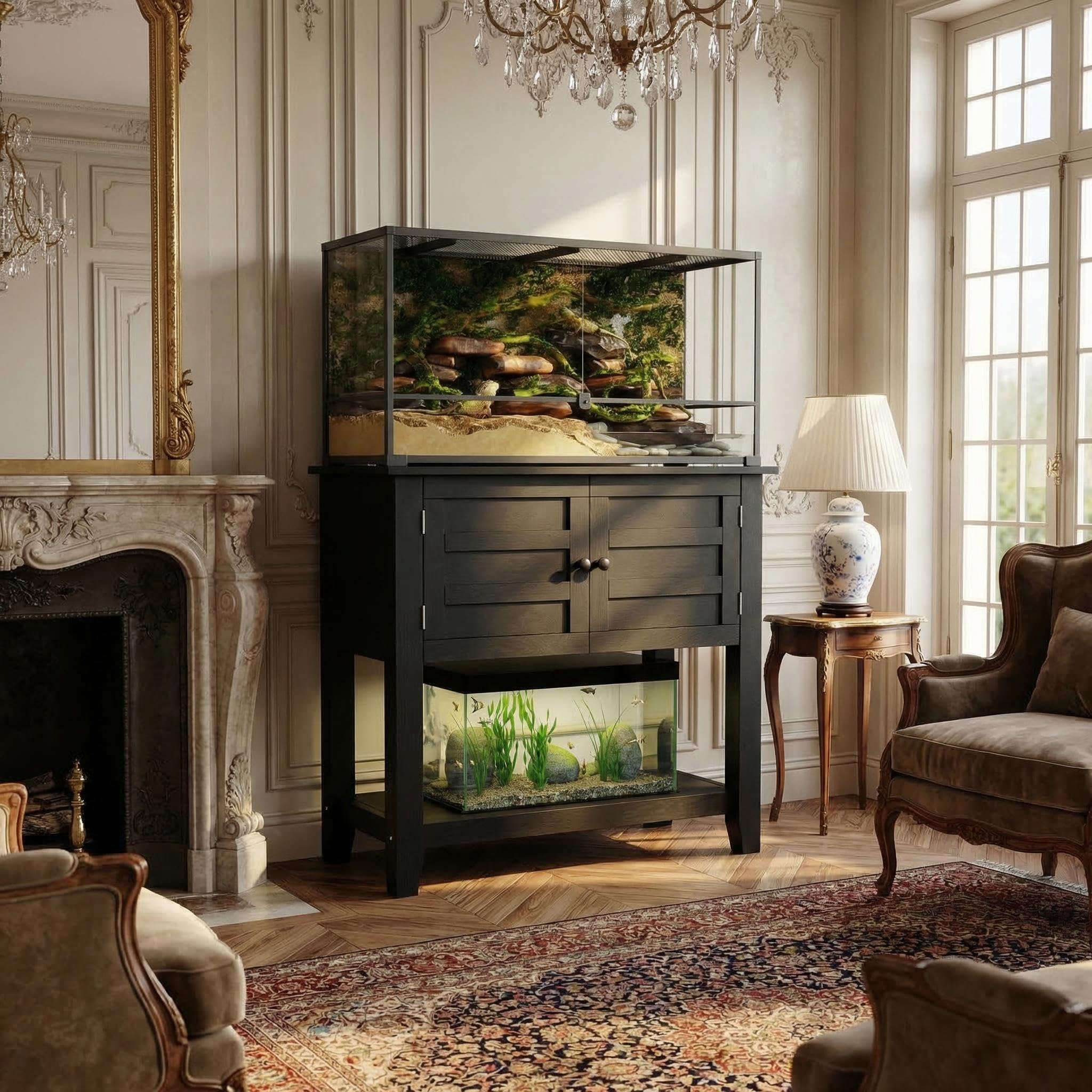 Meuble Aquarium Noir et Bois Support 75L-110L Autoportant Capacité 300kg