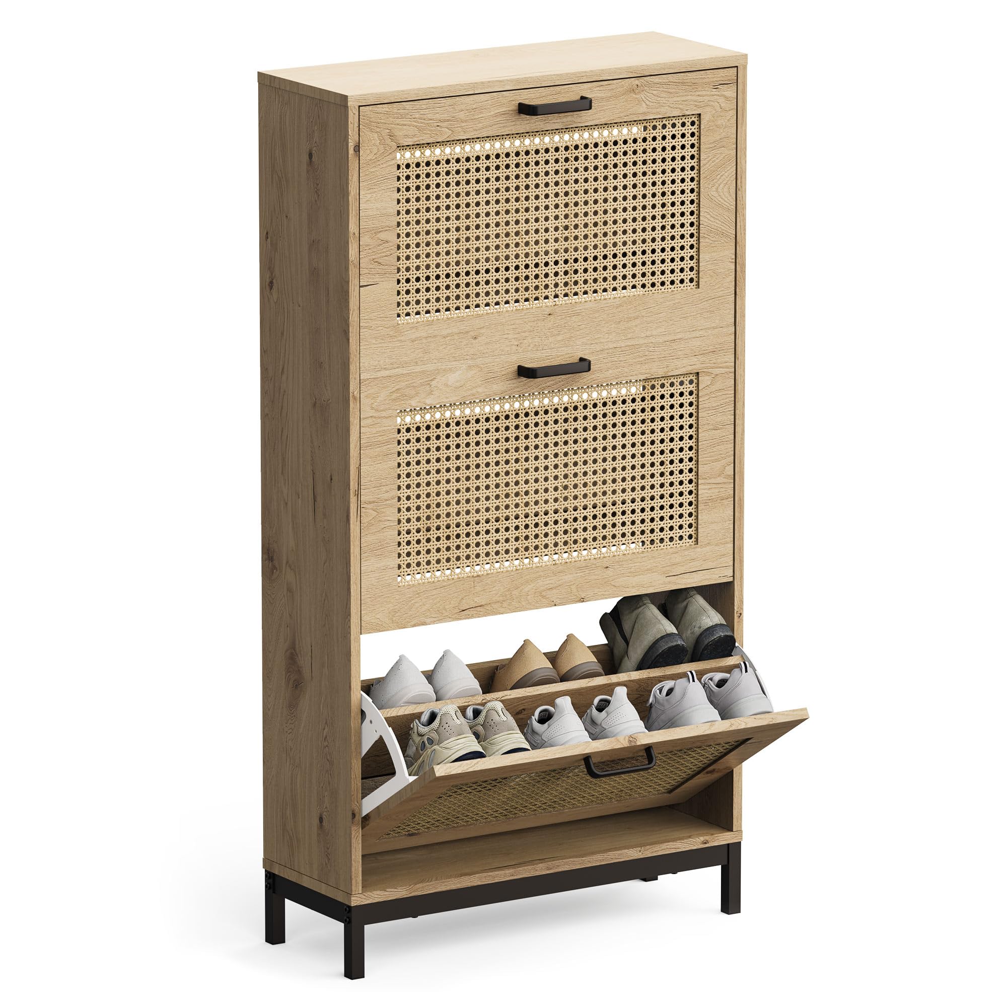 VonHaus Shoe Storage Cabinet for Hallway - Rattan Shoe Cupboard with 3 Tier Drawers - Light Wood Effect Footwear Organiser for Up to Size 9 - Industrial Scandi Style for Living Room & Hall - Lena