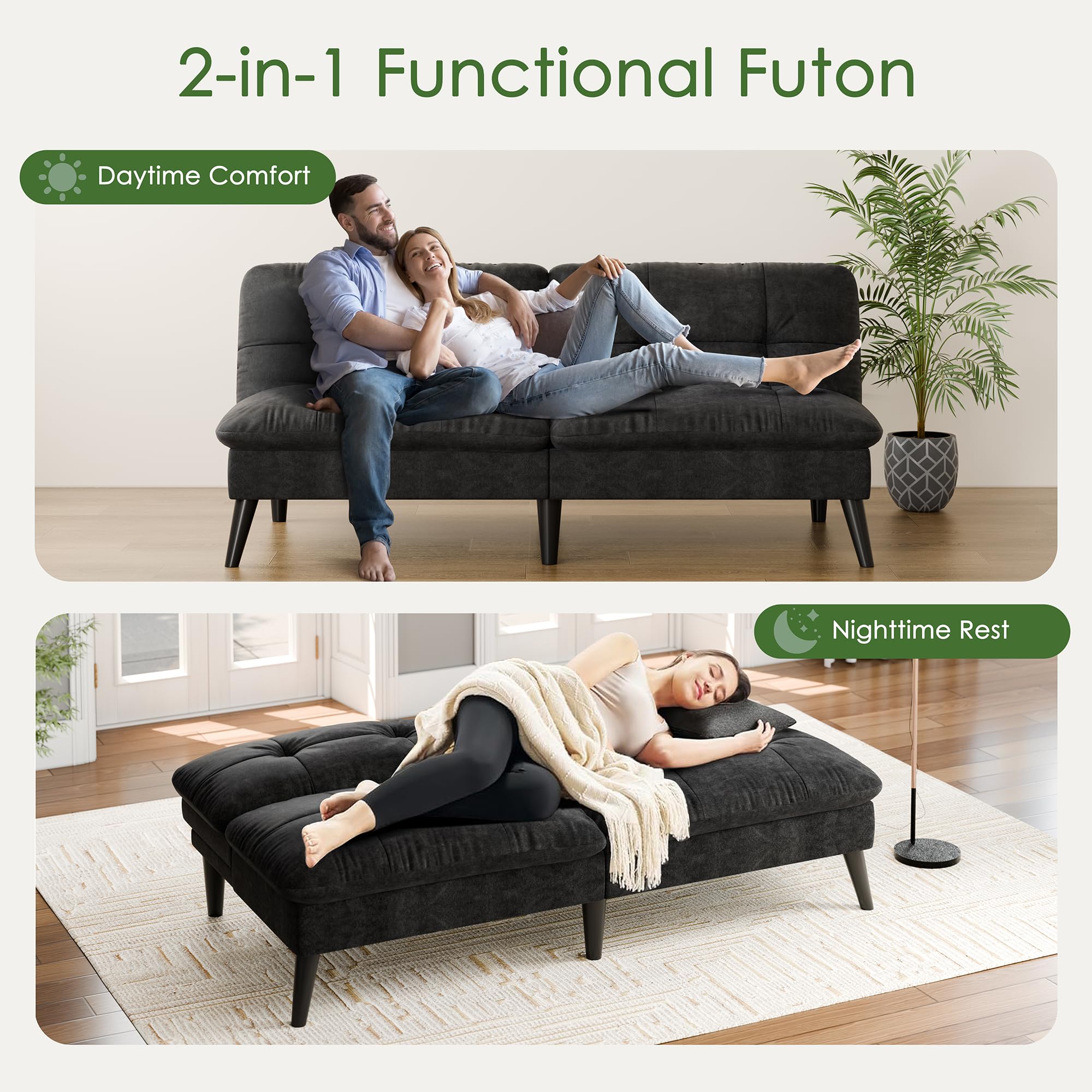 Vongrasig Futon Sofa Bed Velvet Futon Couch with Adjustable Backrest, Small Convertible Folding Sleeper Sofa Bed, Modern Loveseat for Living Room, Bedroom and Small Space, (Black)