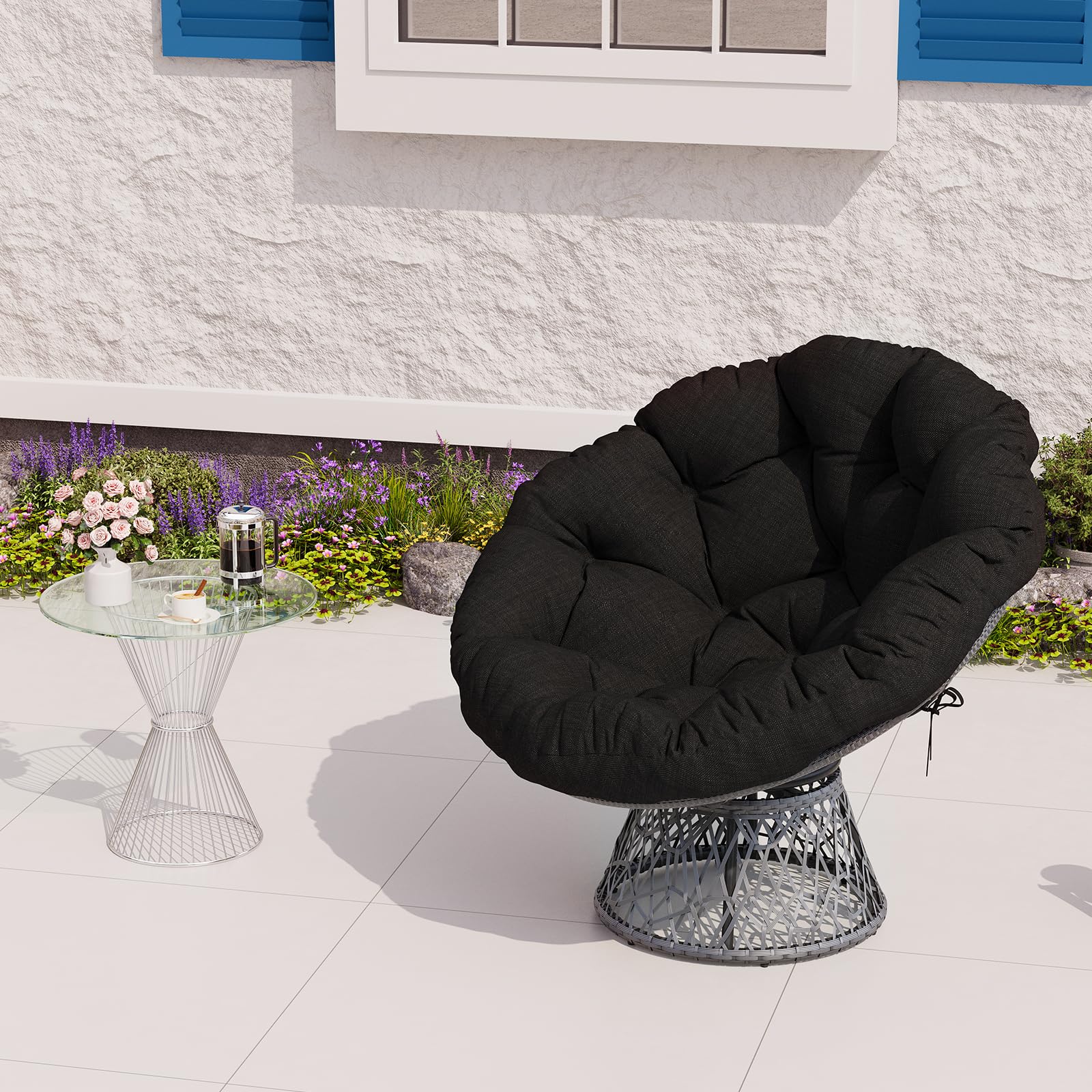 GarveeHome Ergonomischer Papasan Sessel aus Rattan mit dickem Komfortkissen, stabilem Stahlrahmen & 360° Drehfunktion – Perfekt für Wohnzimmer, Schlafzimmer, Leseecke oder Lounge