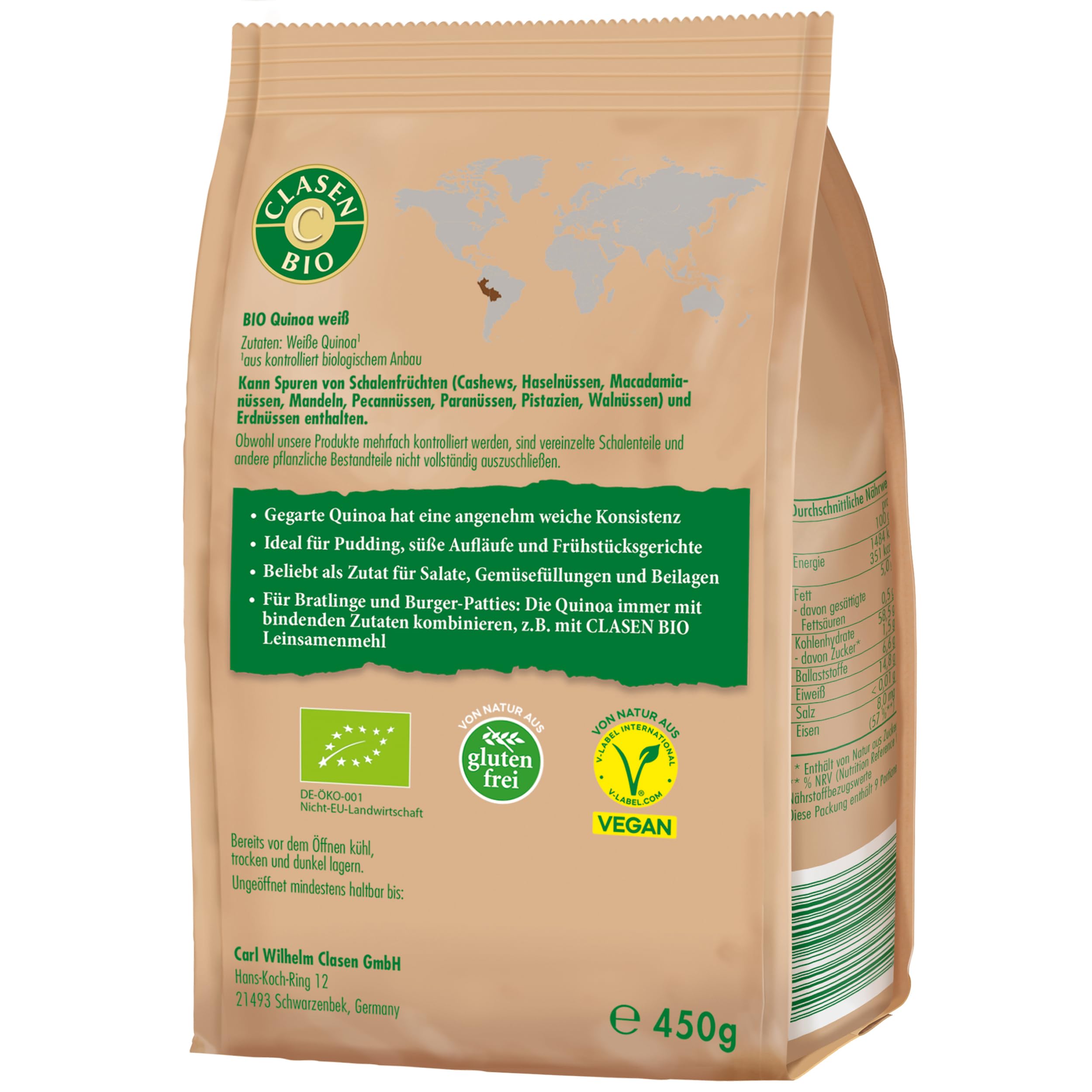 14x CLASEN BIO Quinoa, weiß - Fairtrade, von Natur aus vegan und glutenfrei, biologischer Anbau - 450 g