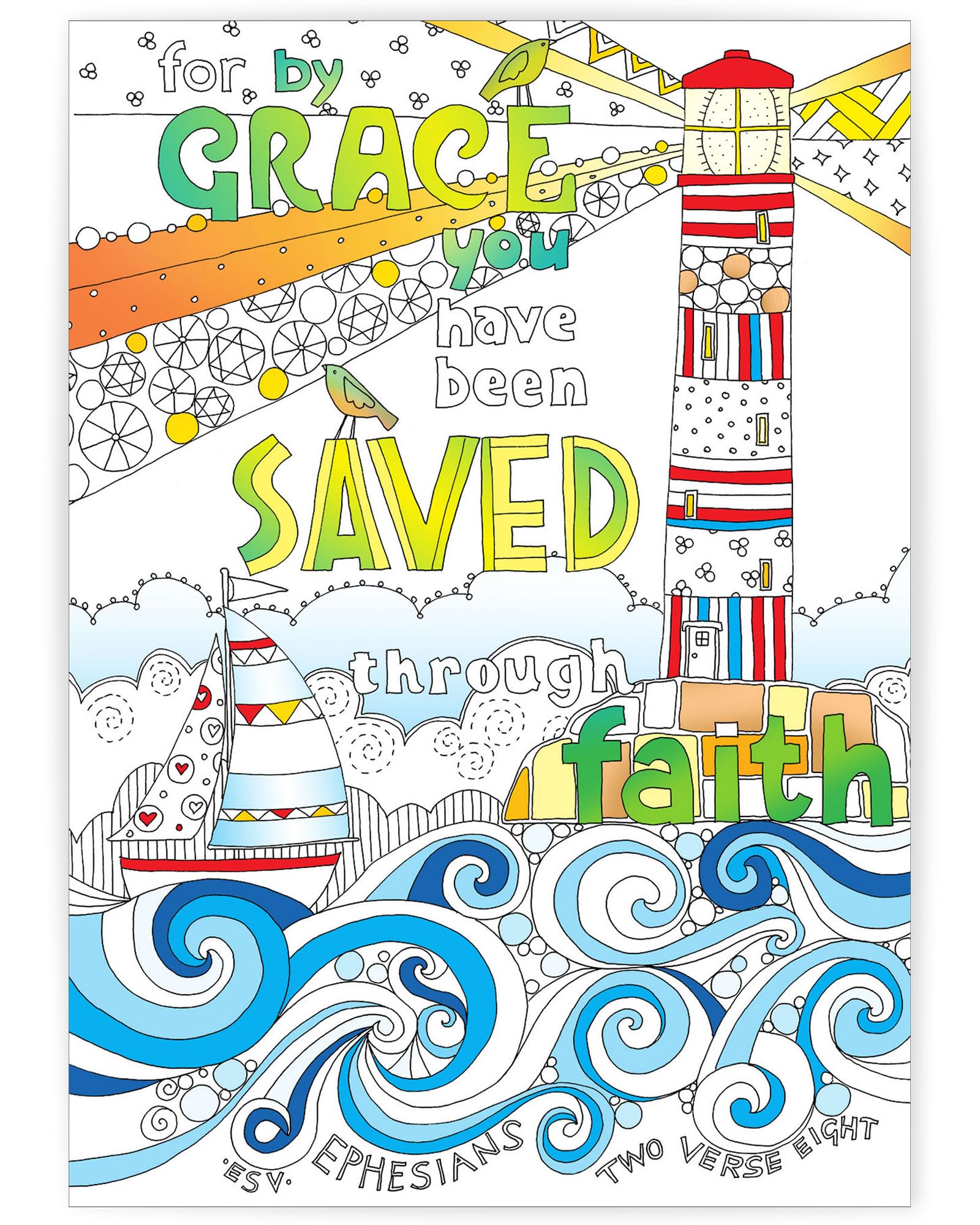 Christian Colouring Postcards, Images of Grace, Pack of 10 different designs, with coloured Bible verse on reverse. Makes a great Christian gift for adults or children, by Just Cards Direct.