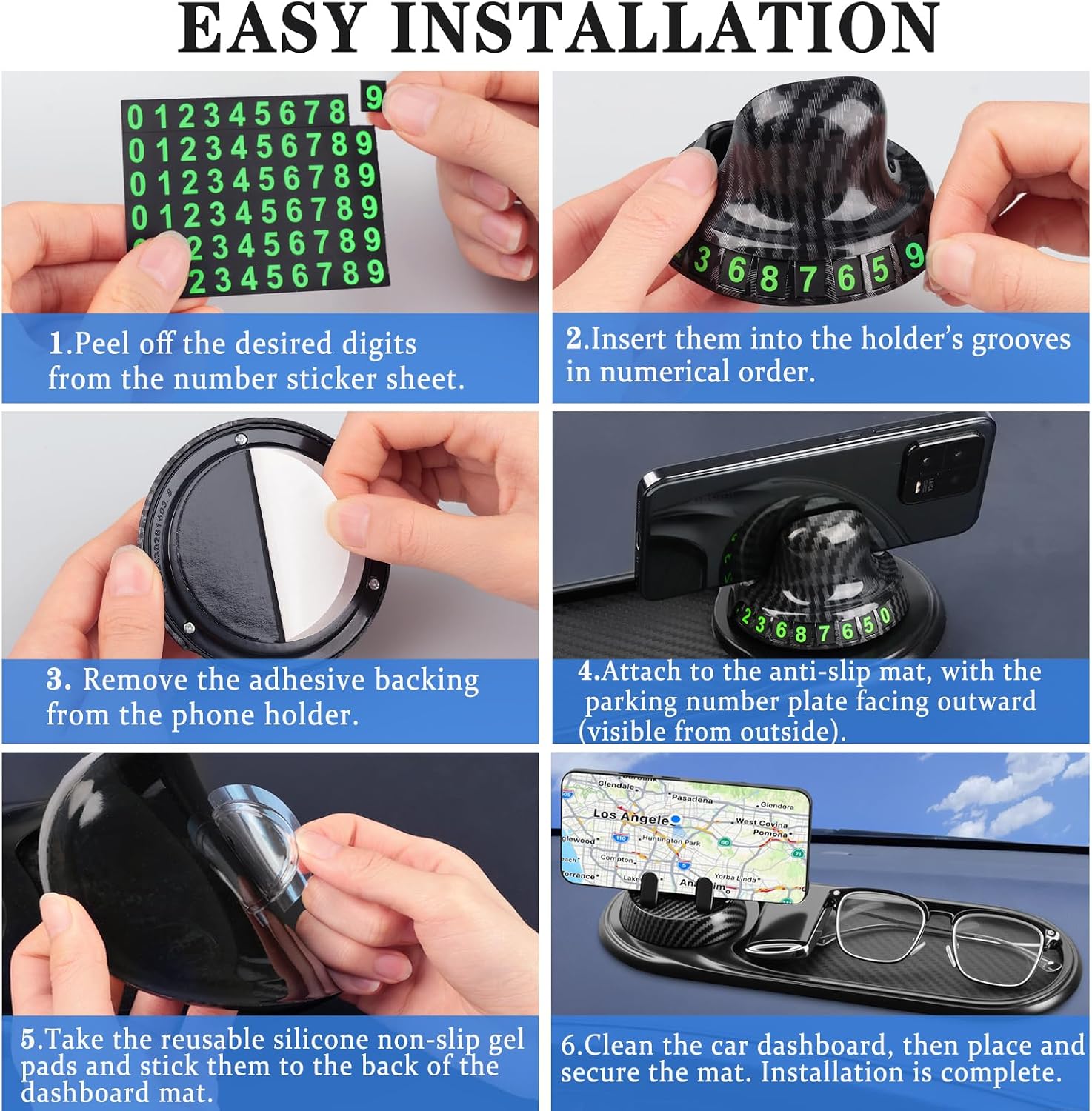 3-in-1 Multifunctional Car Anti-Slip Mat, 360° Rotating Phone Holder with Hidden Parking Number Plate, PVC Dashboard Mat, Fit for Cars, Trucks, SUVs