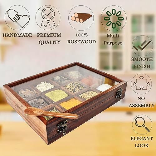 Miniatura 2 de Get Crafty Caja de especias de madera para cocina con cuchara  12 compartimentos extraíbles  Masala Dabba india hecha a mano con tapa de vidrio