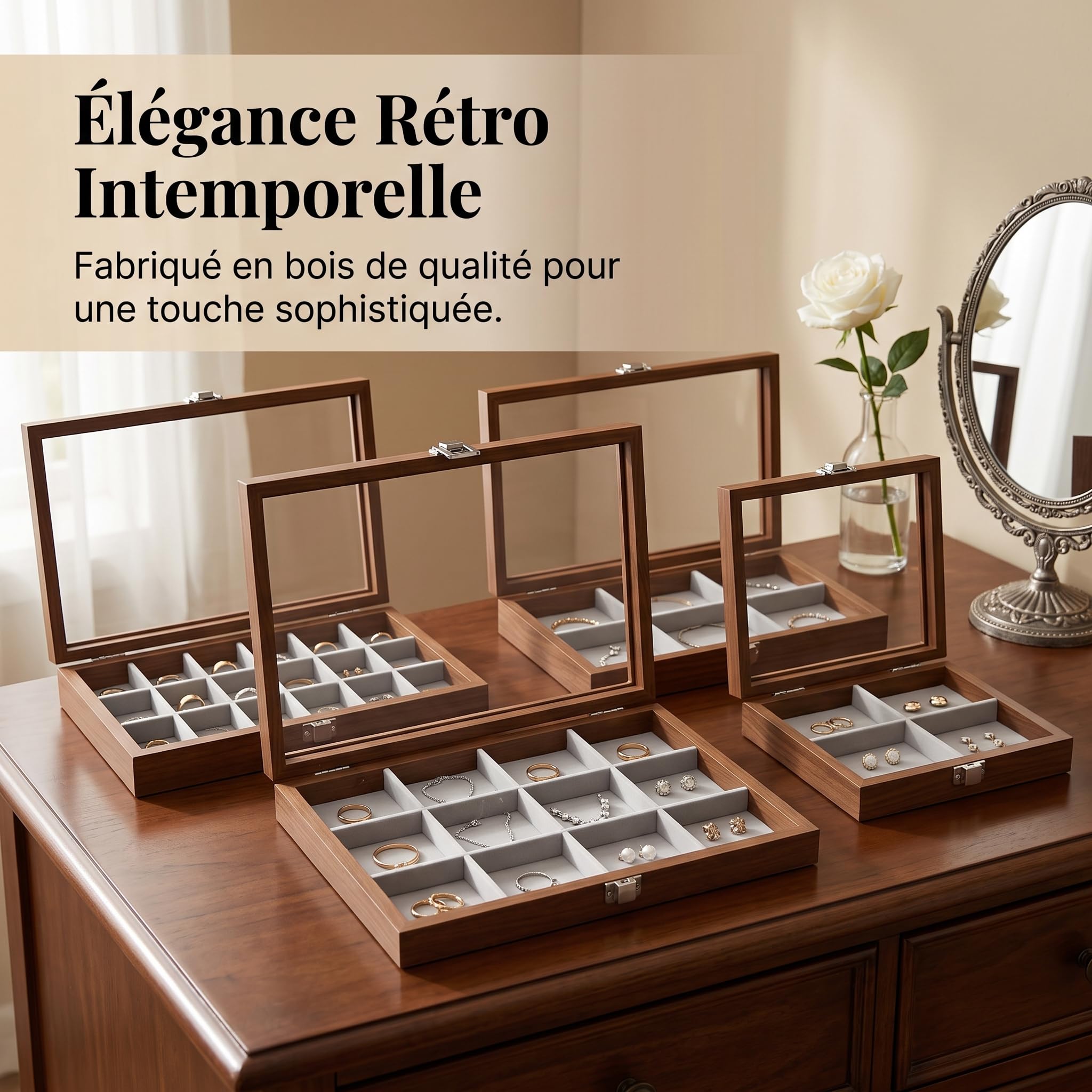 Boîte à bijoux en bois avec couvercle en verre, organisateur bijoux d'affichage pour montres et bagues, Rétro, Douze compartiments