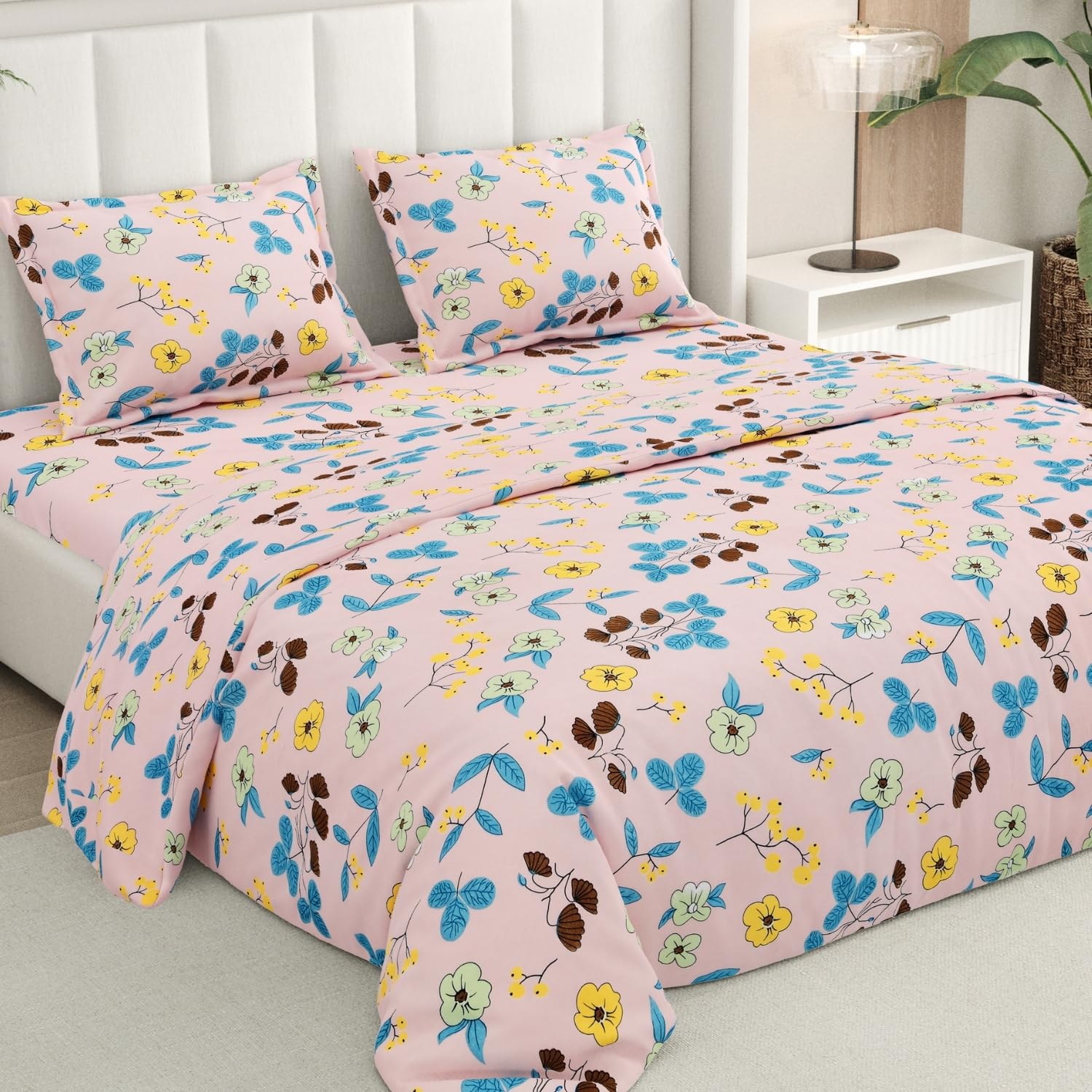 Rivermoor 200 TC Ultrasoft Cotton Flat Double Bedsheet with 2 Pillow Covers for Double Queen Size Bed | Floral Print Baby Pink 88 x 96 Inch