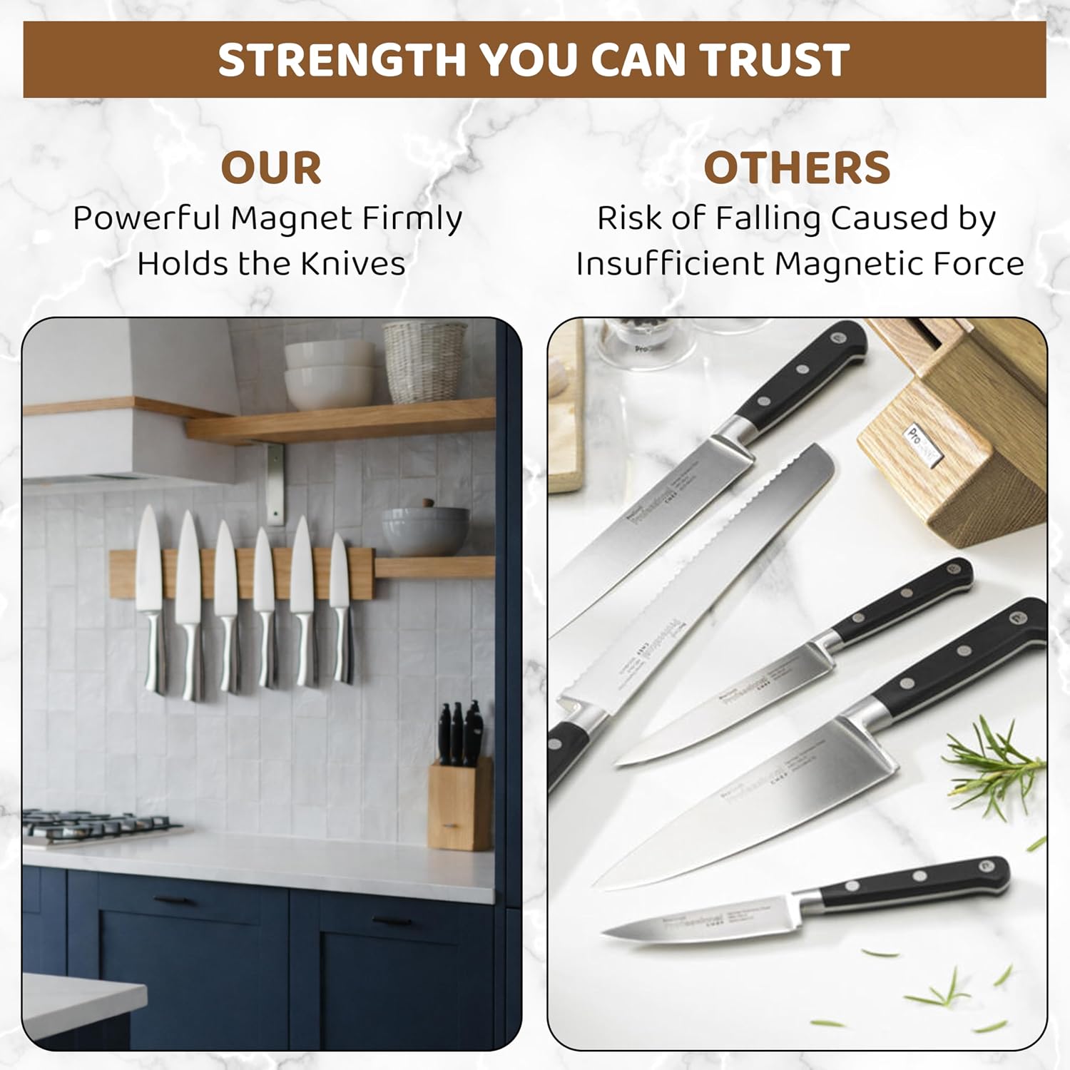 ELEVEXA Magnetic Knife Holder 16 Inch| Organic Acacia Wood Magnetic Knife Strip with Lesser Scratch Visibility|Magnetic Knife Holder w/Strong Magnetism Comes w/Adhesive Tape & Screw Mount (Simple)