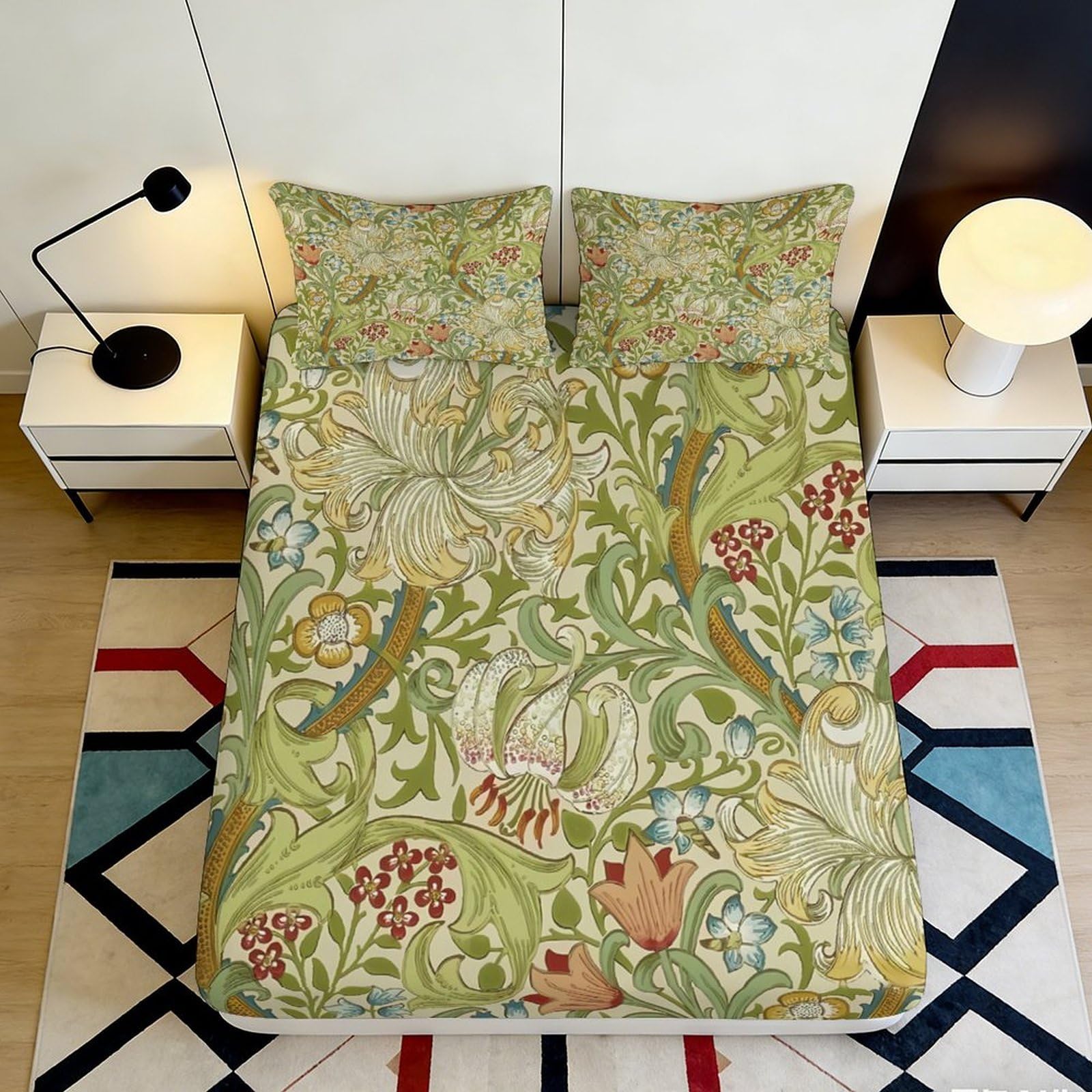 3D Printed Vintage Floral Fitted Sheet Microfiber Soft Breathable Botanical Pattern Mattress Cover for Bedroom Dormitory Guest Room Protection 140x200x25cm