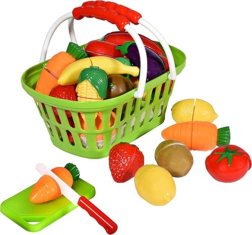 Playkidz: Cesta de frutas y verduras, juego educativo de cocina con cuchillo de juguete, tabla de cortar (32 piezas de juguetes de comida)