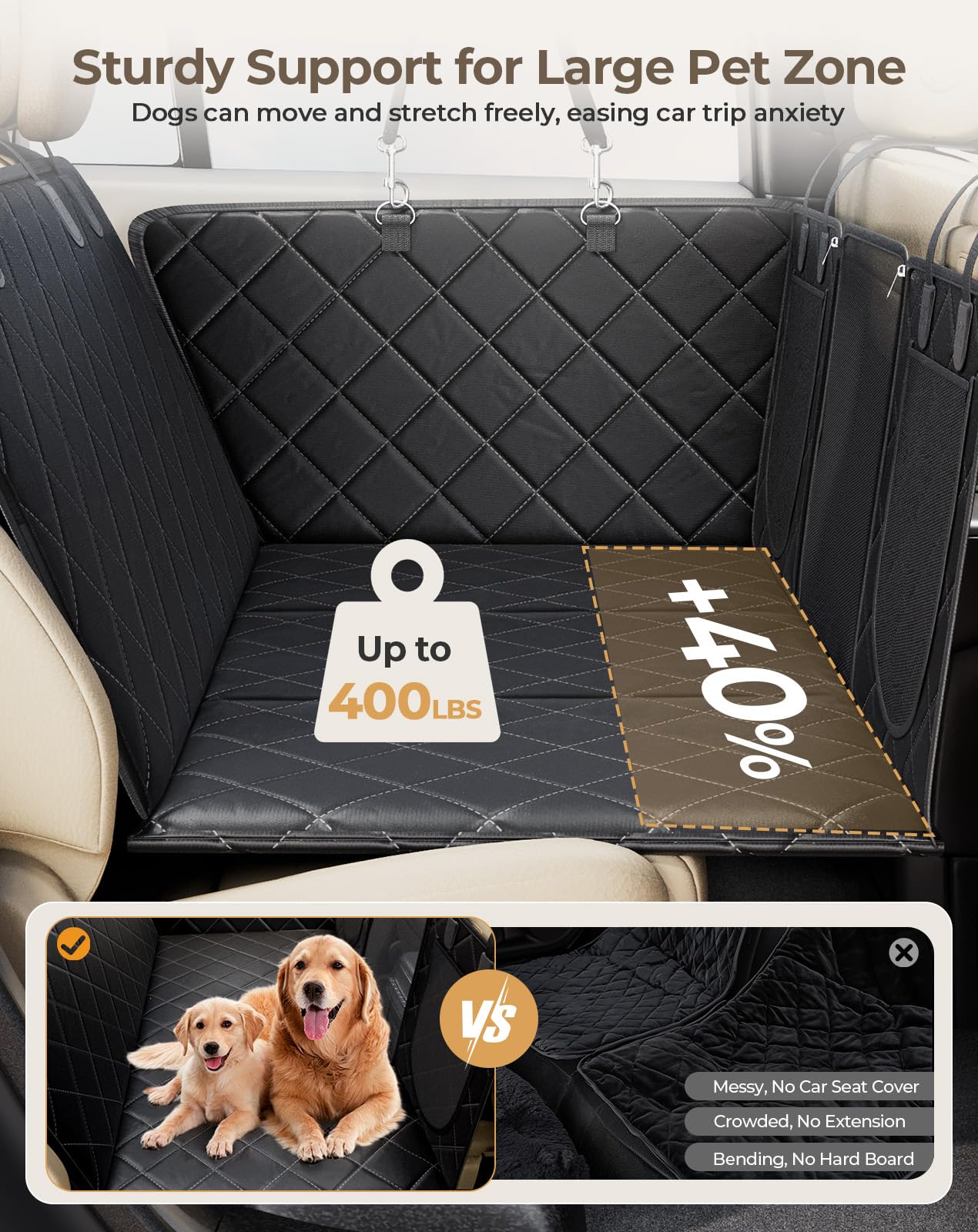 Petcozife Dog Car Seat Cover for Back Seat Supports 400lb, Waterproof Back Seat Extender for Dogs with Hard Bottom with Durable Nonslip Cover Pet Hammock for Travel Car SUV