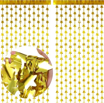 2Pcs Gold Star Birthday Decoration, 3.2X9.8ft Golden Backdrop Foil Fringe Curtains, Glitter Paper Star Banner for Valentines Day Wedding Anniversary Party Birthday Graduation Photo Booth Props