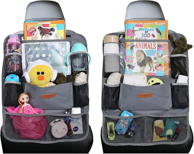 SURDOCA Car Organiser Car Seat Organiser - 4th Generation Enhanced Car Organiser Back Seat for up to 10.5 iPad, 9 Pockets, Kids Toy Storage, Water Proof Back Seat Protector for Kids,Grey,2pc