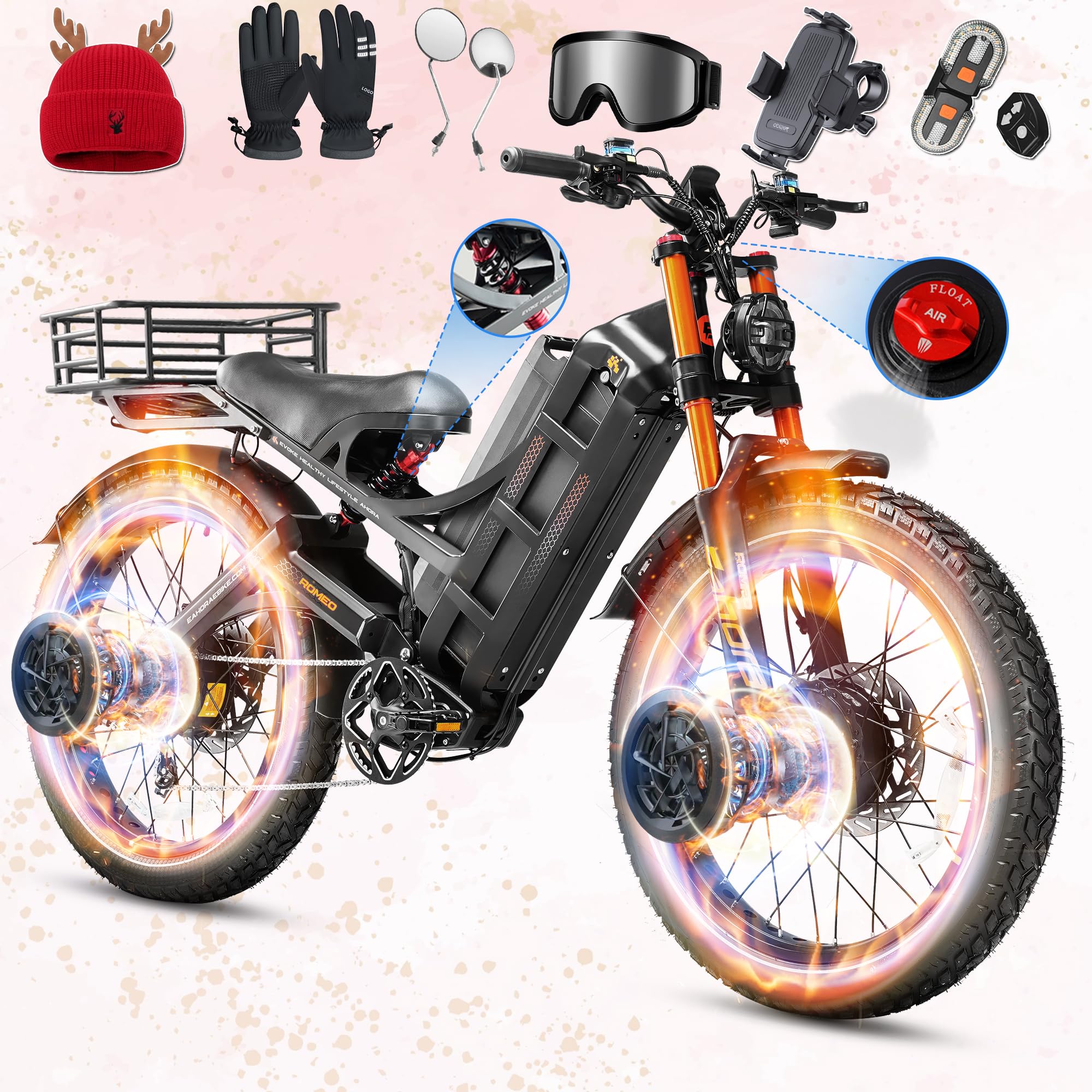 eAhora 2025 Romeo Pro 3/2 50-46Mph Electric Bike for Adults 5600W/4000W/2500W Dual Motor Ebike 60V/80Ah 52V/70Ah Long Range Fat Tire Full Suspension Electric Mountain Bicycle