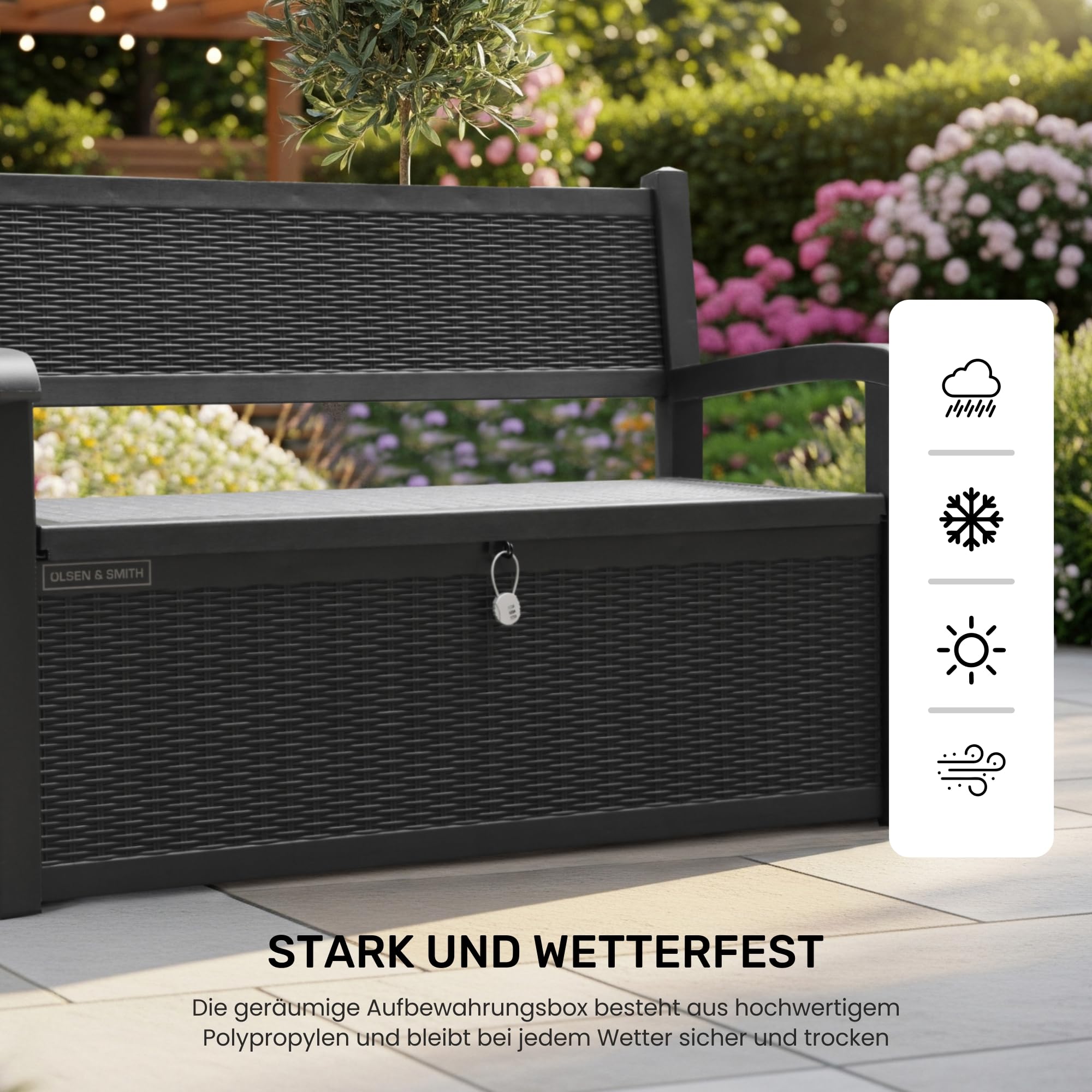 Olsen & Smith 265 Liter Gartenbank Wetterfest mit Stauraum Truhenbank Verschließbare Aufbewahrungsbox Auflagenbox Kunststoff Wetterbeständig Wasserdicht für Werkzeuge Spielzeug Decken und Mehr Schwarz