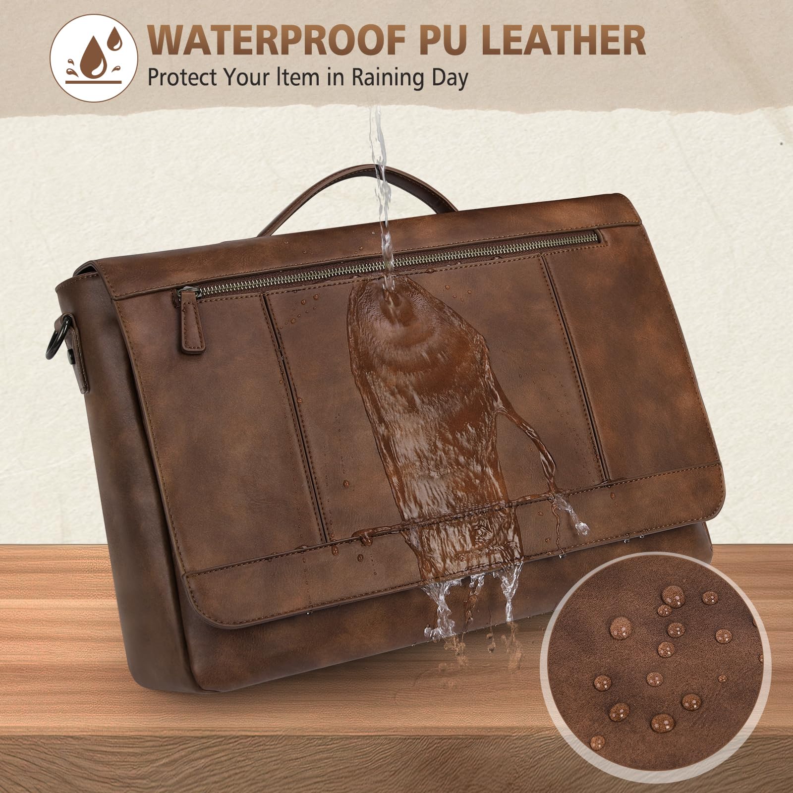 RAINSMORE Aktentasche Herren Leder Wasserdichte Umhängetasche Laptoptasche 15,6 Zoll Vintage Groß Arbeitstasche Messenger Bag Schultertasche für Arbeit Büro Uni Schule - 4