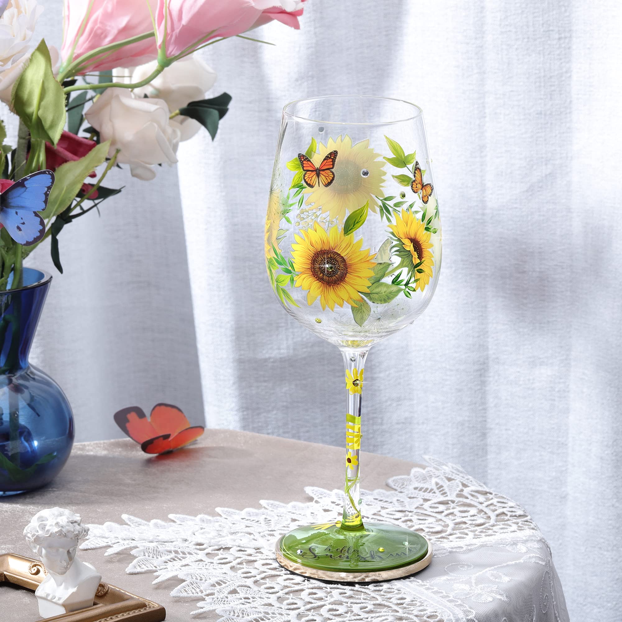 Bicchiere Da Vino Artistico NymphFable A Forma Di Fiore Con Girasoli E Farfalle - Dipinto A Mano - 15 Oz - Regalo Per Donne