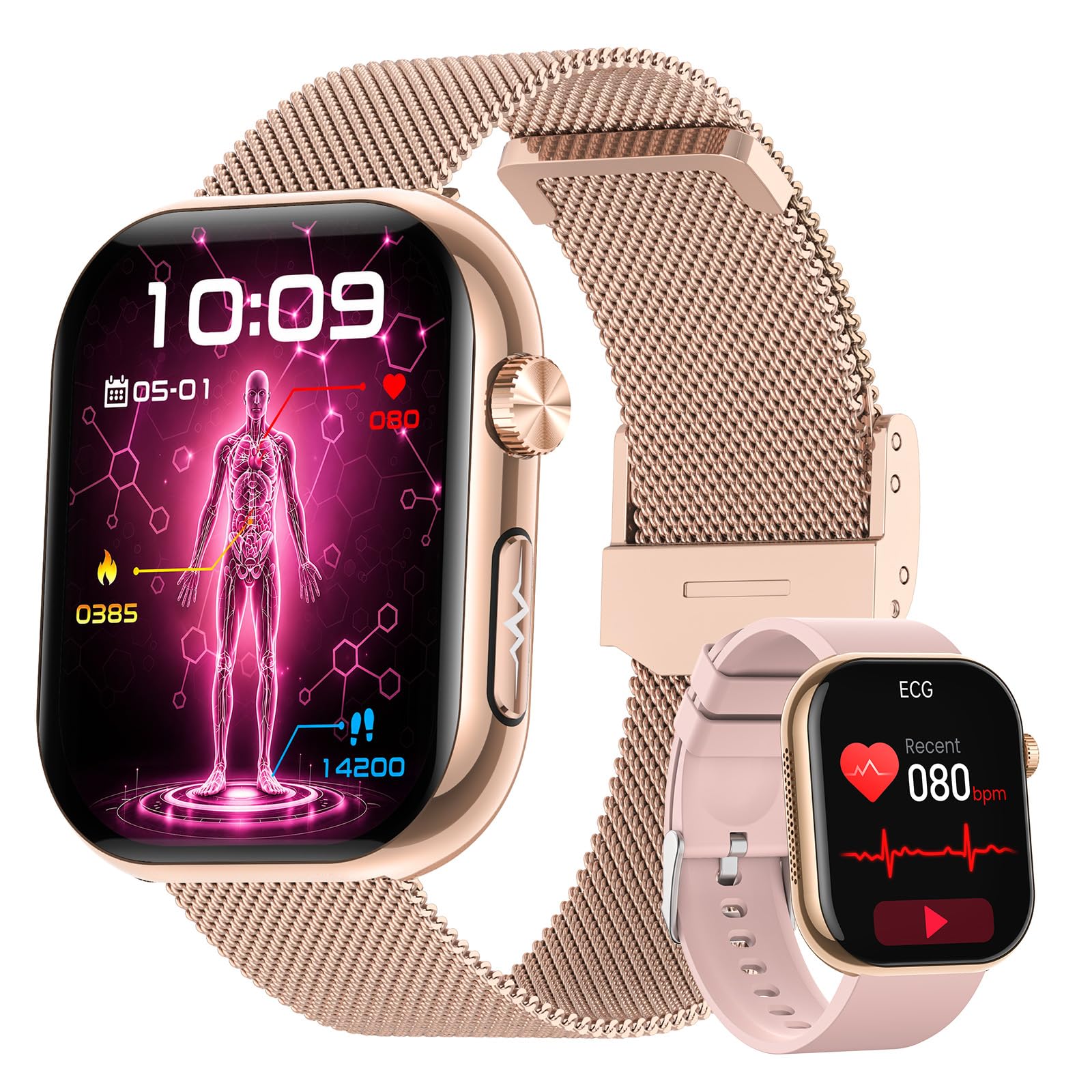 FOSMET Smartwatch Donna Salute, ECG, VFC, BMI, Micro-Check-Up, Sonno, Oro | 1.97" AMOLED Orologio Fitness, 24H Frequenza Cardiaca, SpO2, 140+ Sport Temperatura Chiamata Bluetooth Notifiche, Android iOS