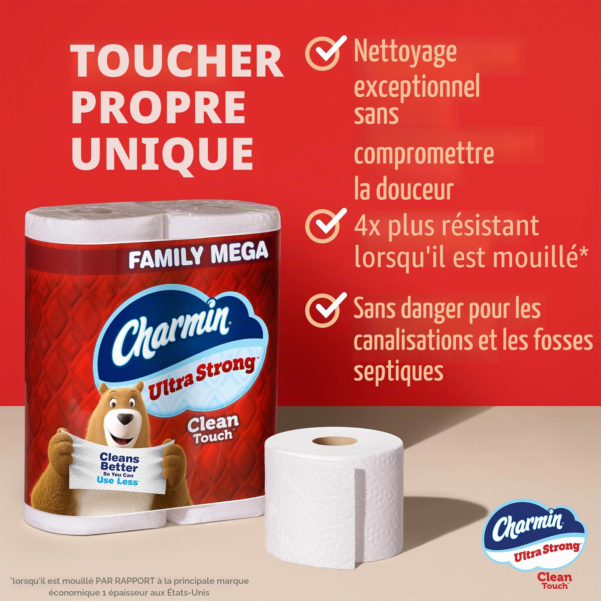 Charmin Lot de 30 rouleaux de papier toilette ultra résistant au toucher propre = 150 rouleaux ordinaires (l'emballage peut varier)
