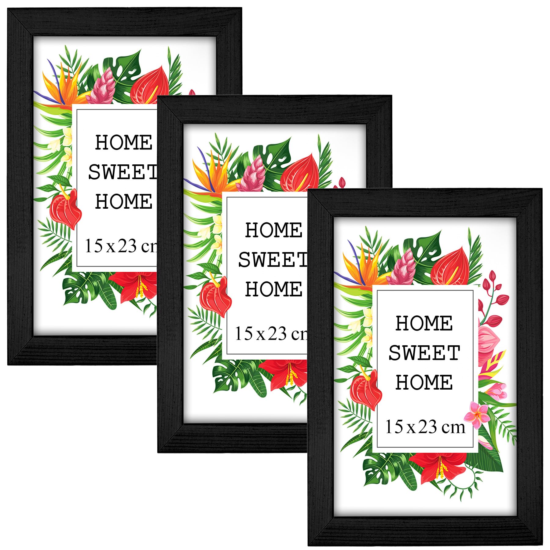 MG Design Set of 3 Wooden Picture Frame 6x9 inch (15x23 cm), Black Real Wood Frame with Acrylic Glass, Vertical & Horizontal Hanging – for Photos, Posters, Certificates, Puzzles