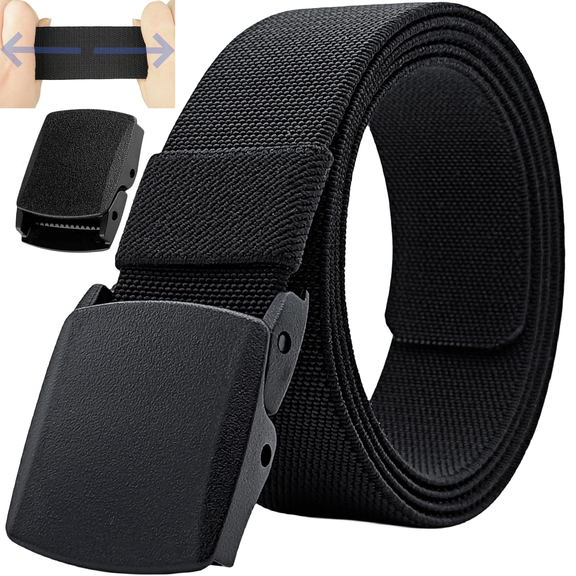 [JIFANPAUL] ベルト メンズ 伸縮ベルト 伸びる 作業用 ナイロンベルト ゴムベルト ストレッチ 登山用 無段階調節 穴なし おおきいサイズ フリーサイズ 軽量 スポーツ ミリタリー カジュアル (Black-樹脂製バックル, 長さ105cm：ウエスト約70~90cm対応)