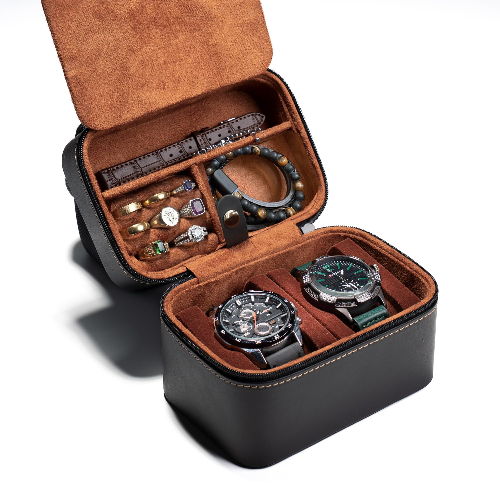 ANVLOJRIH 2 slots Watch travel Case Display Box, Hard leather watch storage organizer box fit watches up 52mm face,with insert for accessories. (BLACK, 2 SLOT)