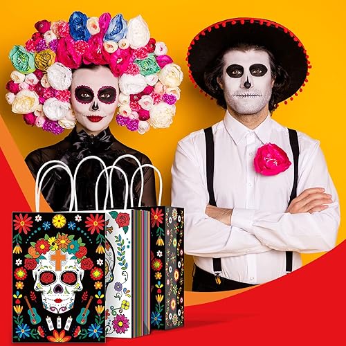 Miniatura 7 de Paquete de 16 bolsas de regalo del Día de los Muertos con asas, bolsas de dulces de calavera de azúcar, bolsas de golosinas con papel de seda para