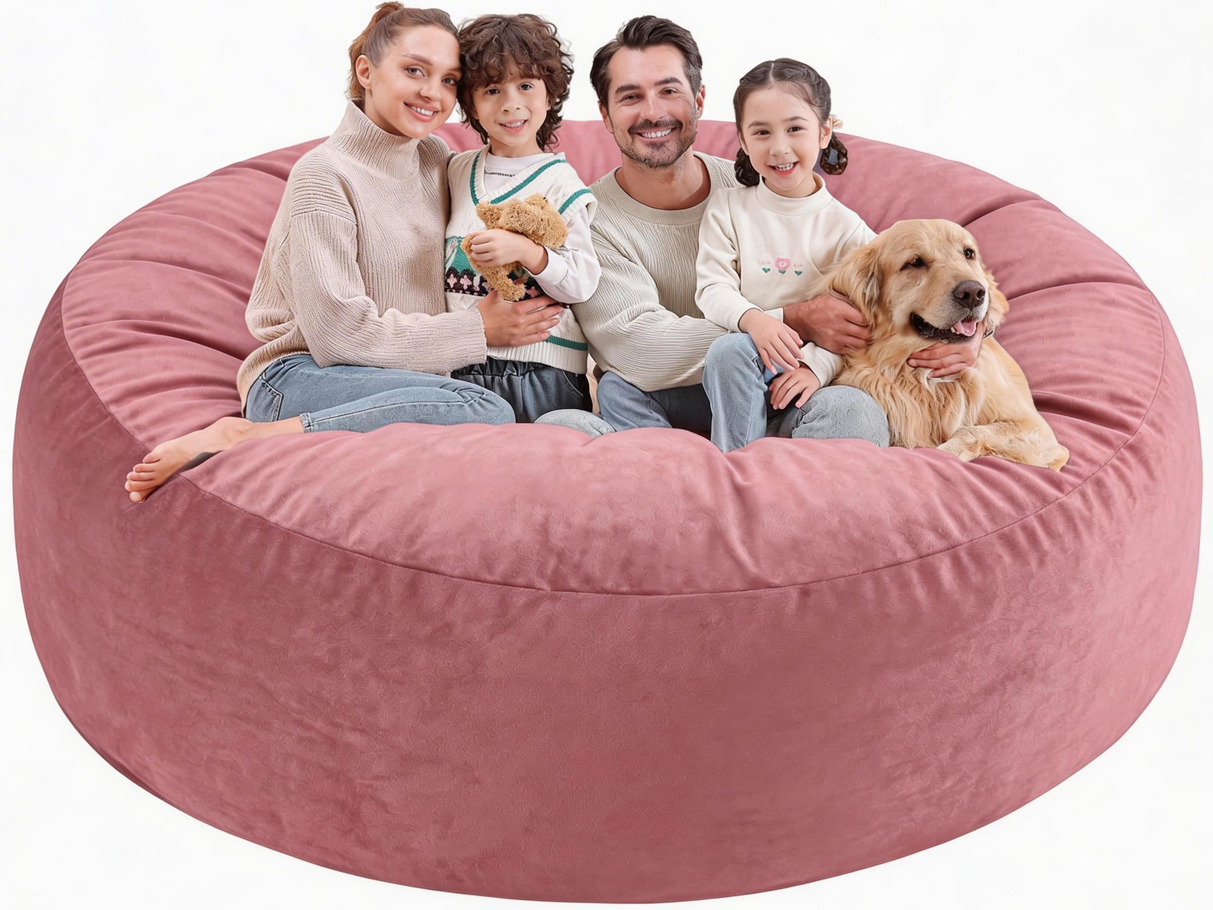 SIMFLAG 7FT Bean Bag Chair, Large Bean Bag Chairs with Memory Foam Filled, Fluffy Beanbag Sofa with Dutch Velvet Cover, Round BeanBag Chairs for Living Room, Playroom - Dusty Pink