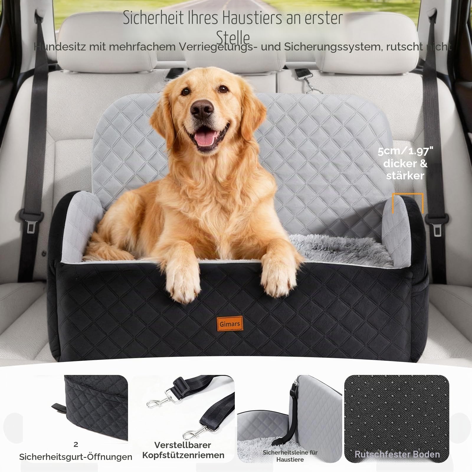 Gimars Wende-Hunde Autositz Mit Lang-/Kurzplüsch Sitzkissen Für Kleine/Mittlere Hunde Bis 27kg, Abnehmbar Waschbar rutschfest Hundesitz Auto mit 13cm 28D Egg-Crate-Schaum, Sicherheitsgurt, L