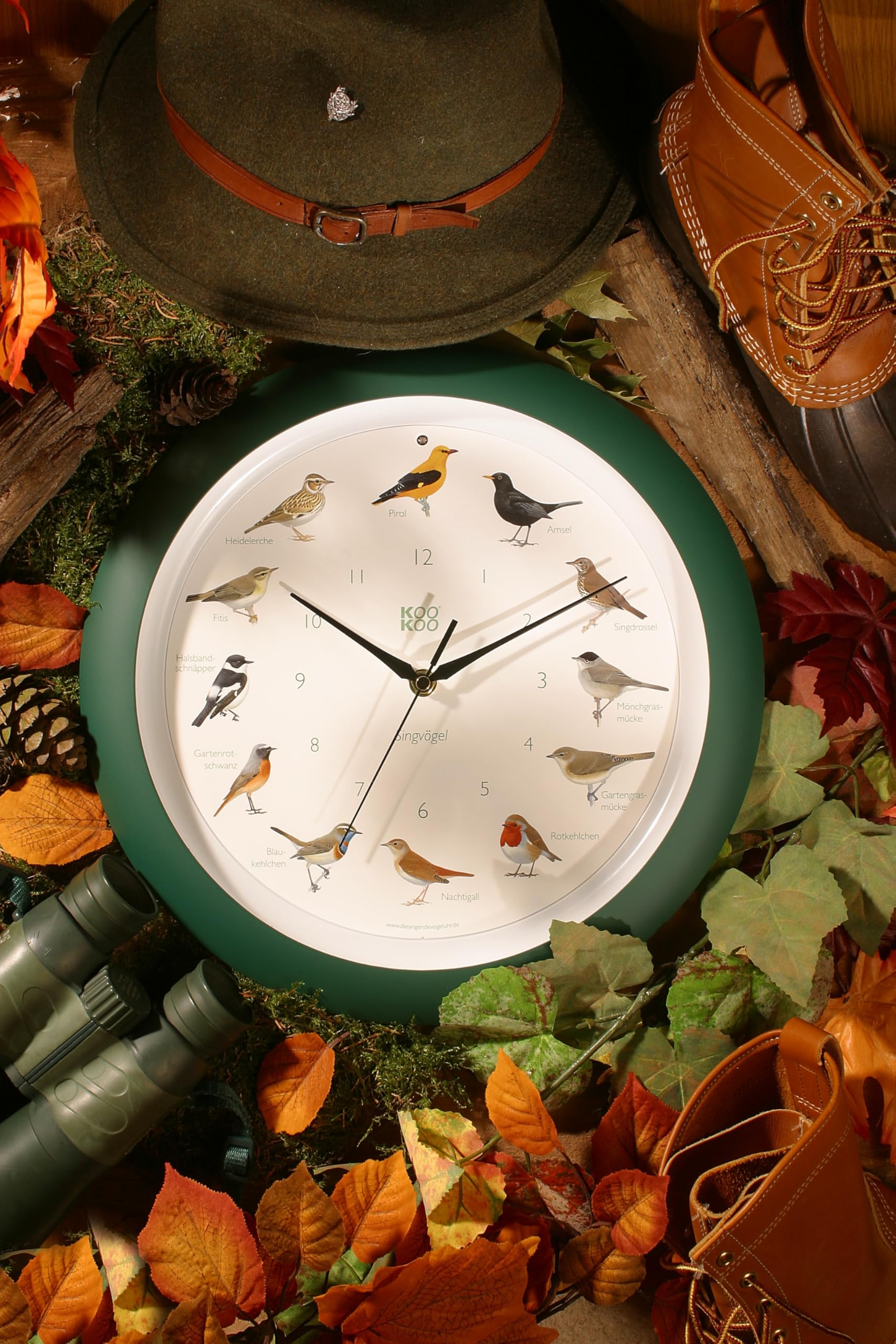 KOOKOO Singvögel Quarzwerk Grün, Die Singende Vogeluhr, runde Wanduhr mit natürlichen Vogelstimmen
