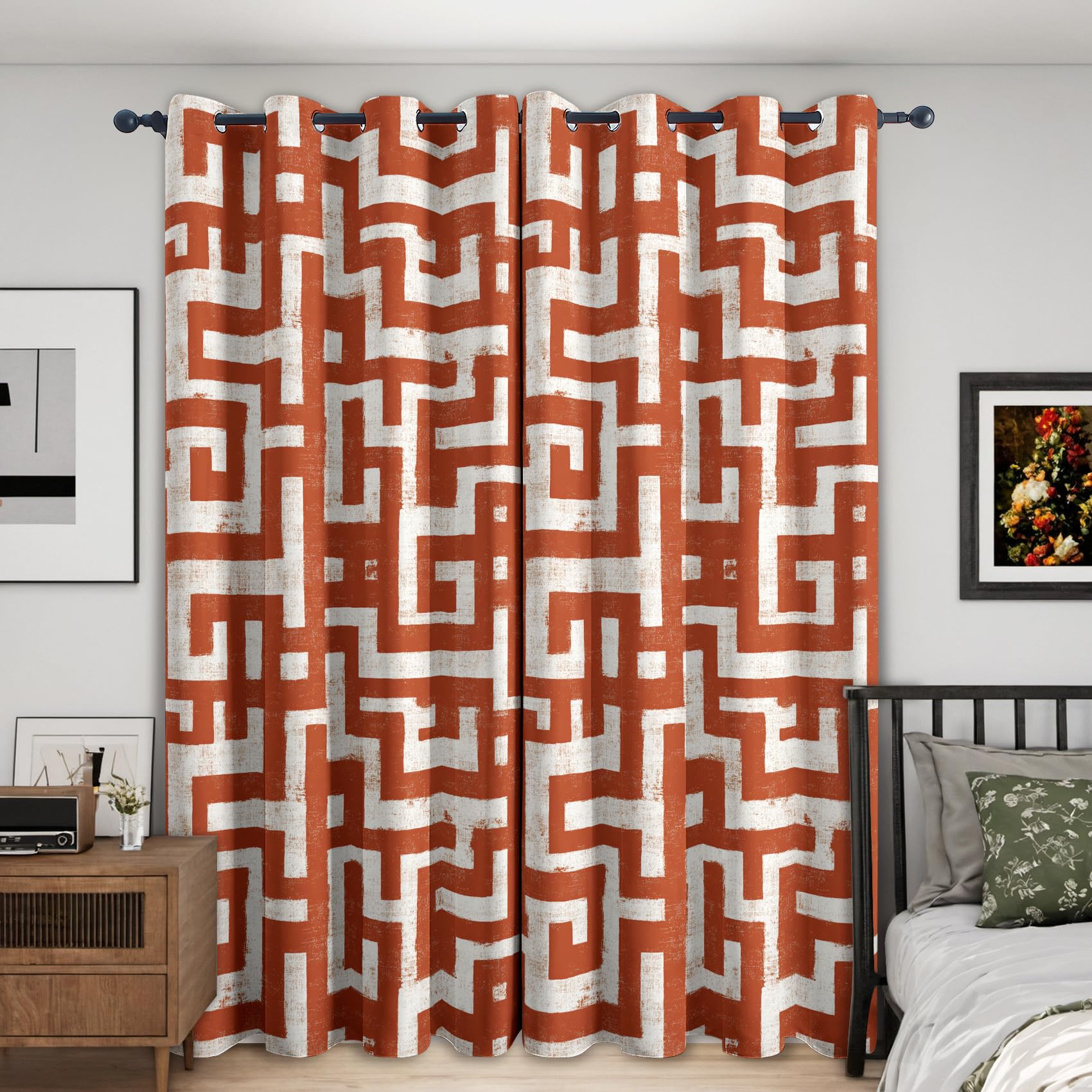 Rideau Orange Rouille Terracotta Occultant Motif Abstrait Géométrique Rideaux Chambre Salon Cuisine Fenêtre 140 x 300 cm, Oeillets Rail Rideaux Occultants Thermique