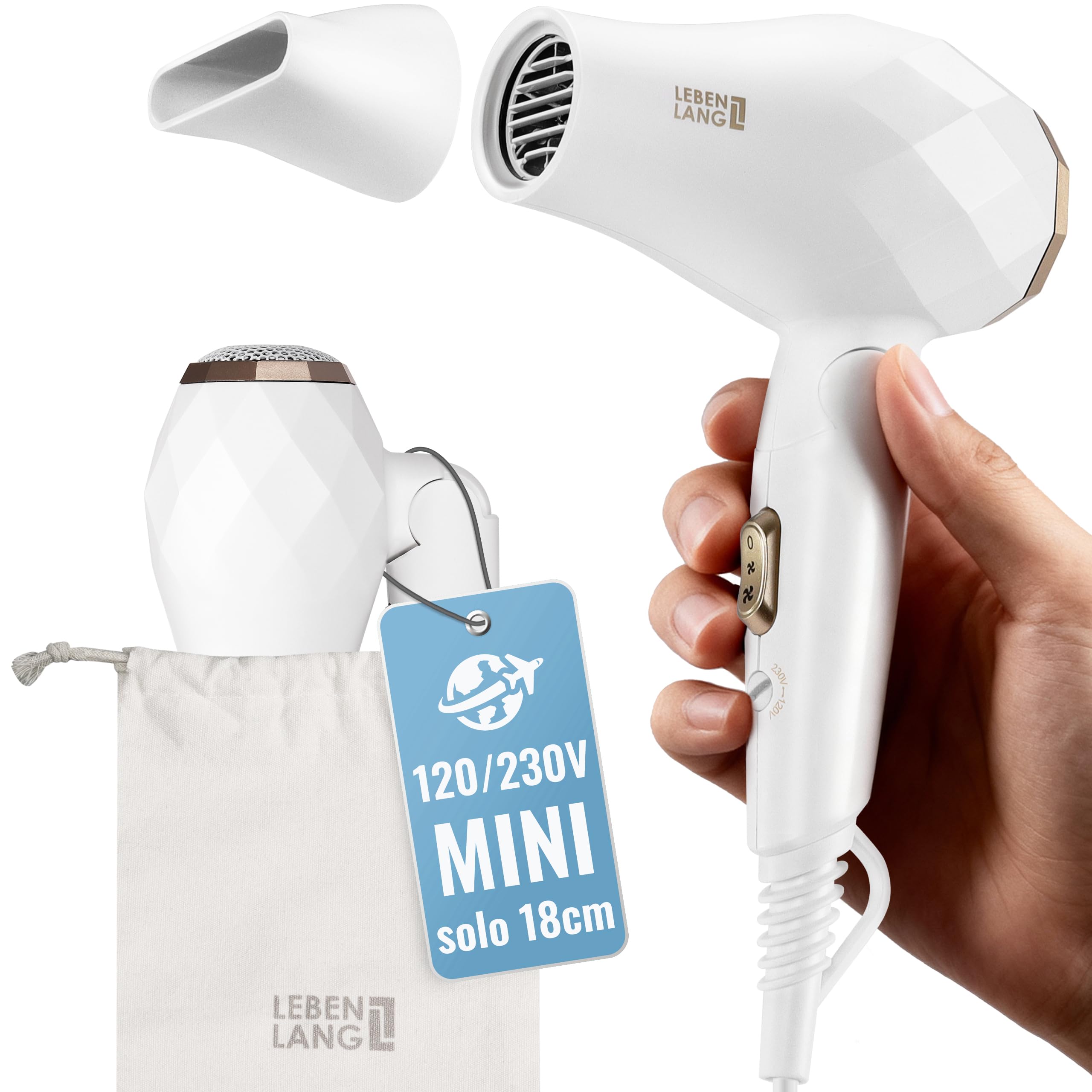 LEBENLANG Secador pelo de viaje plegable pequeño - Doble voltaje & Bolsa de viaje con boquilla I Secador de pelo ionico I Hair dryer Secadores de pelo I Secadora cabelo Mini blow dryer & Secador rizos